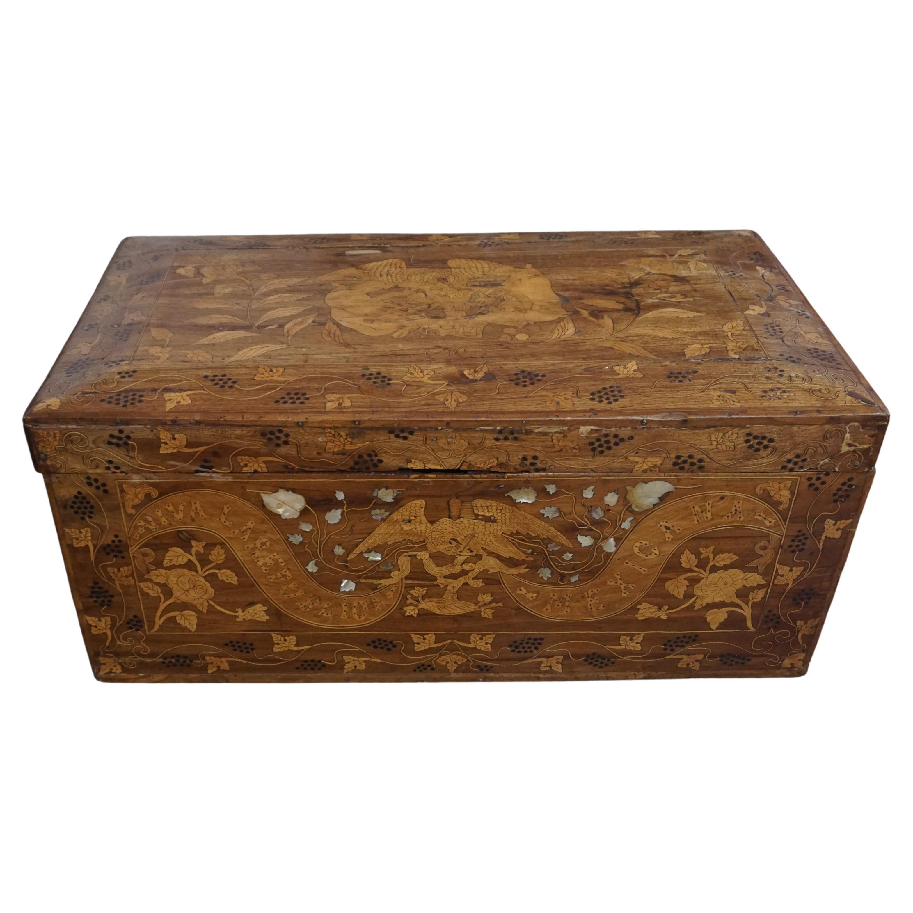 19th Century Mexican Inlaid Wood Marquetry Trunk from Jalisco For Sale