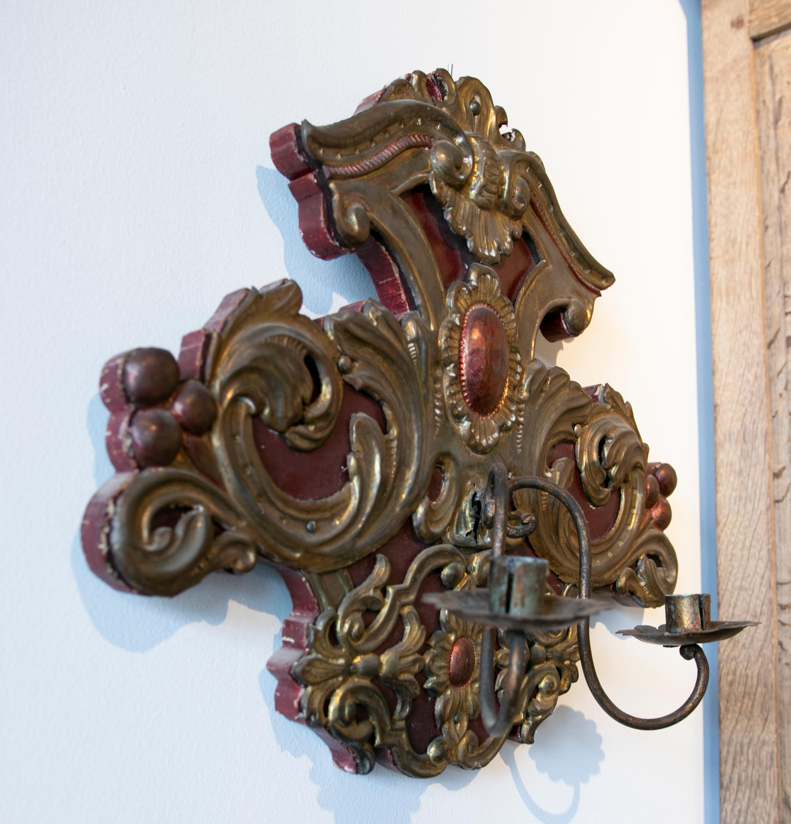 19th Century Mexican Pair of polychromed Wood and Metal Wall Sconces.