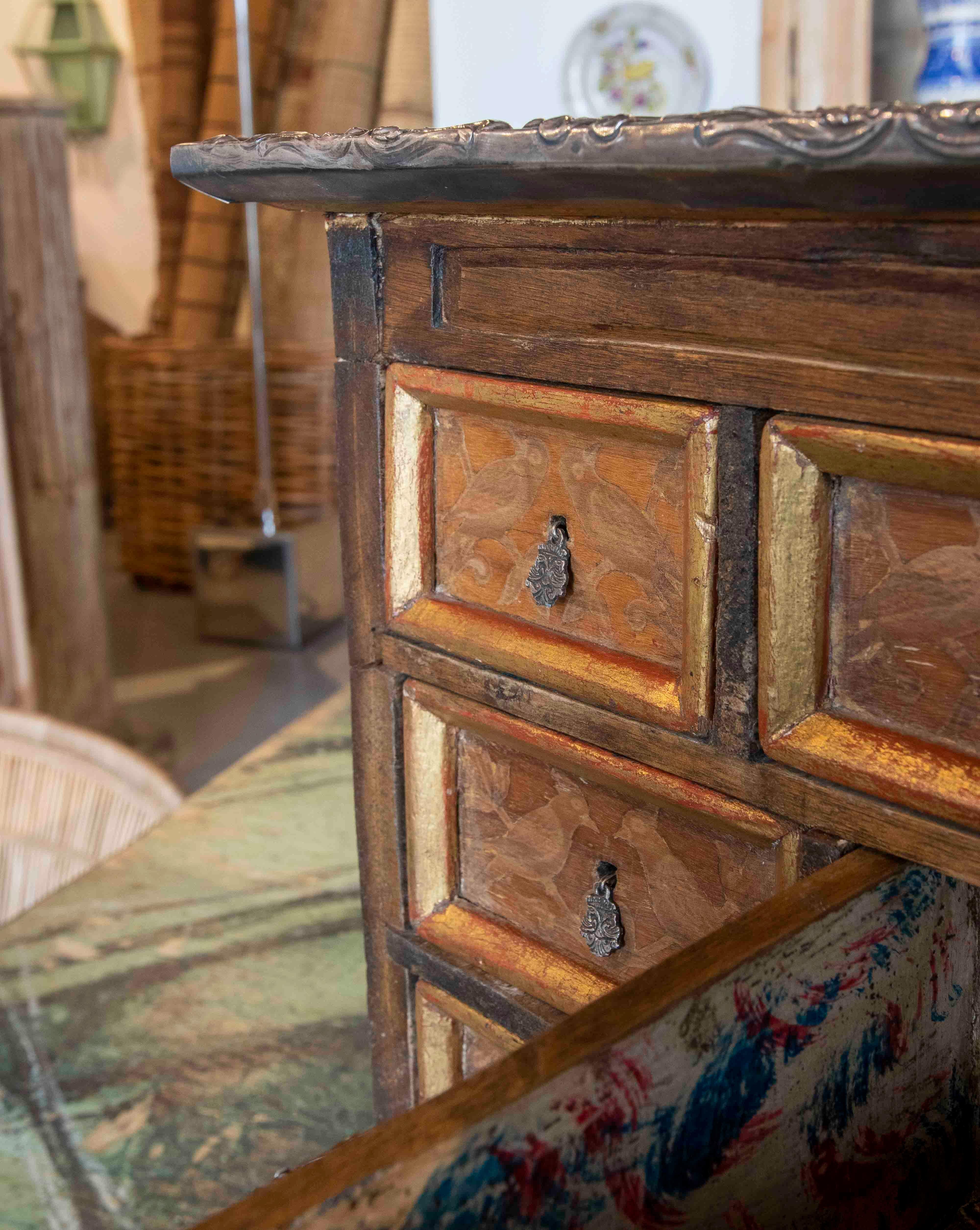 19th Century Mexican Polychromed Metal Chest with Drawers and Decorations 6
