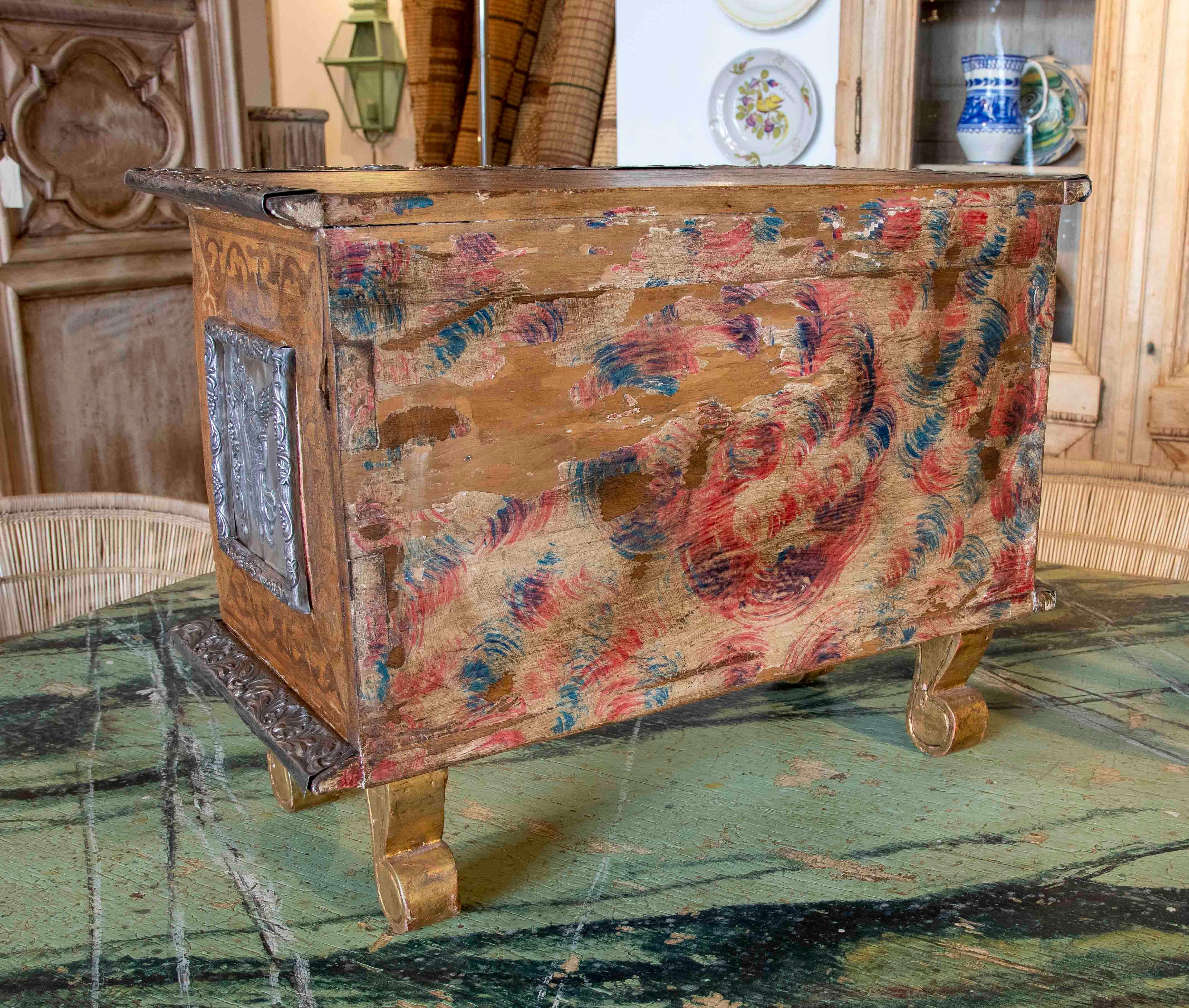 19th Century Mexican Polychromed Metal Chest with Drawers and Decorations 9