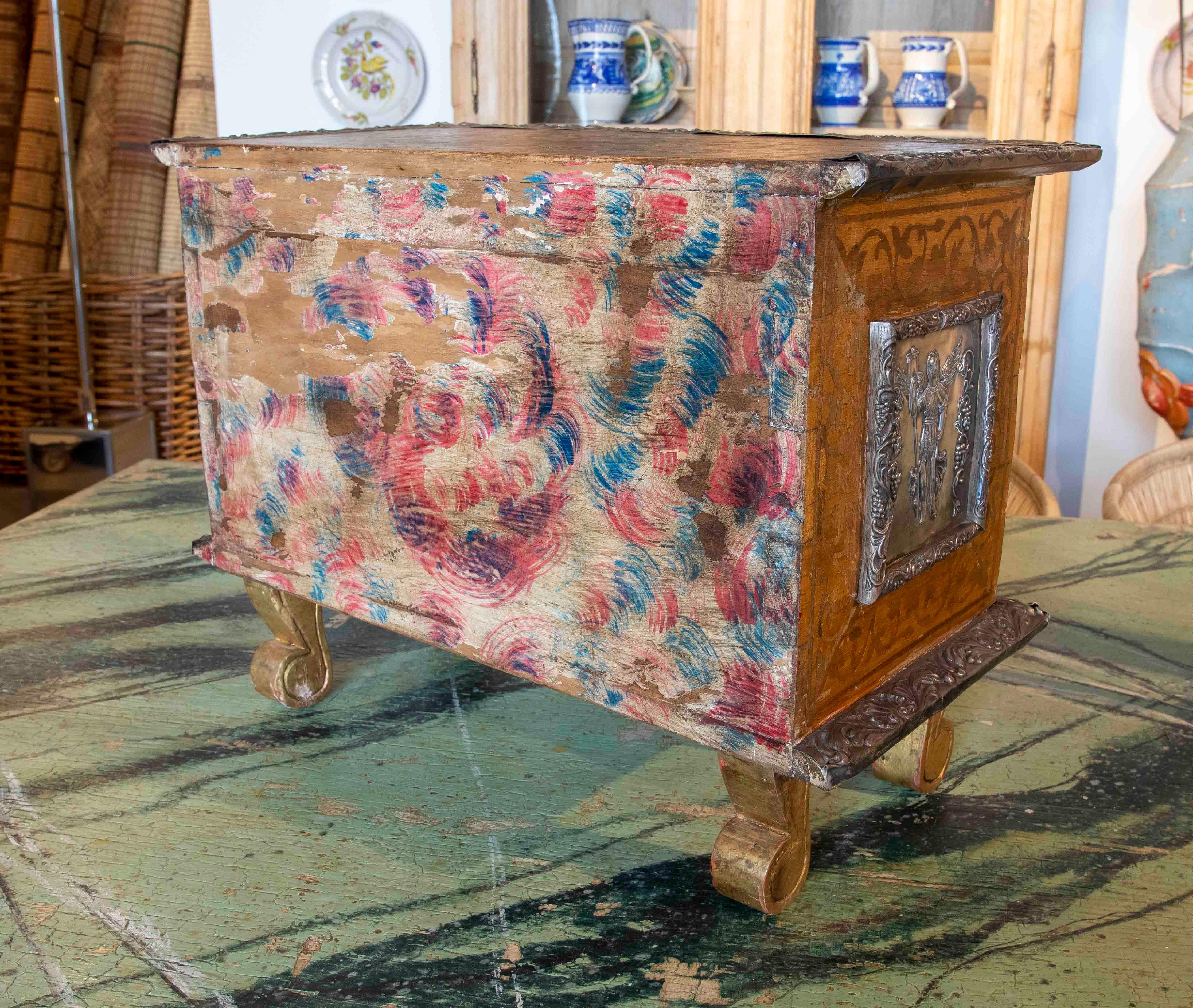 19th Century Mexican Polychromed Metal Chest with Drawers and Decorations For Sale 11