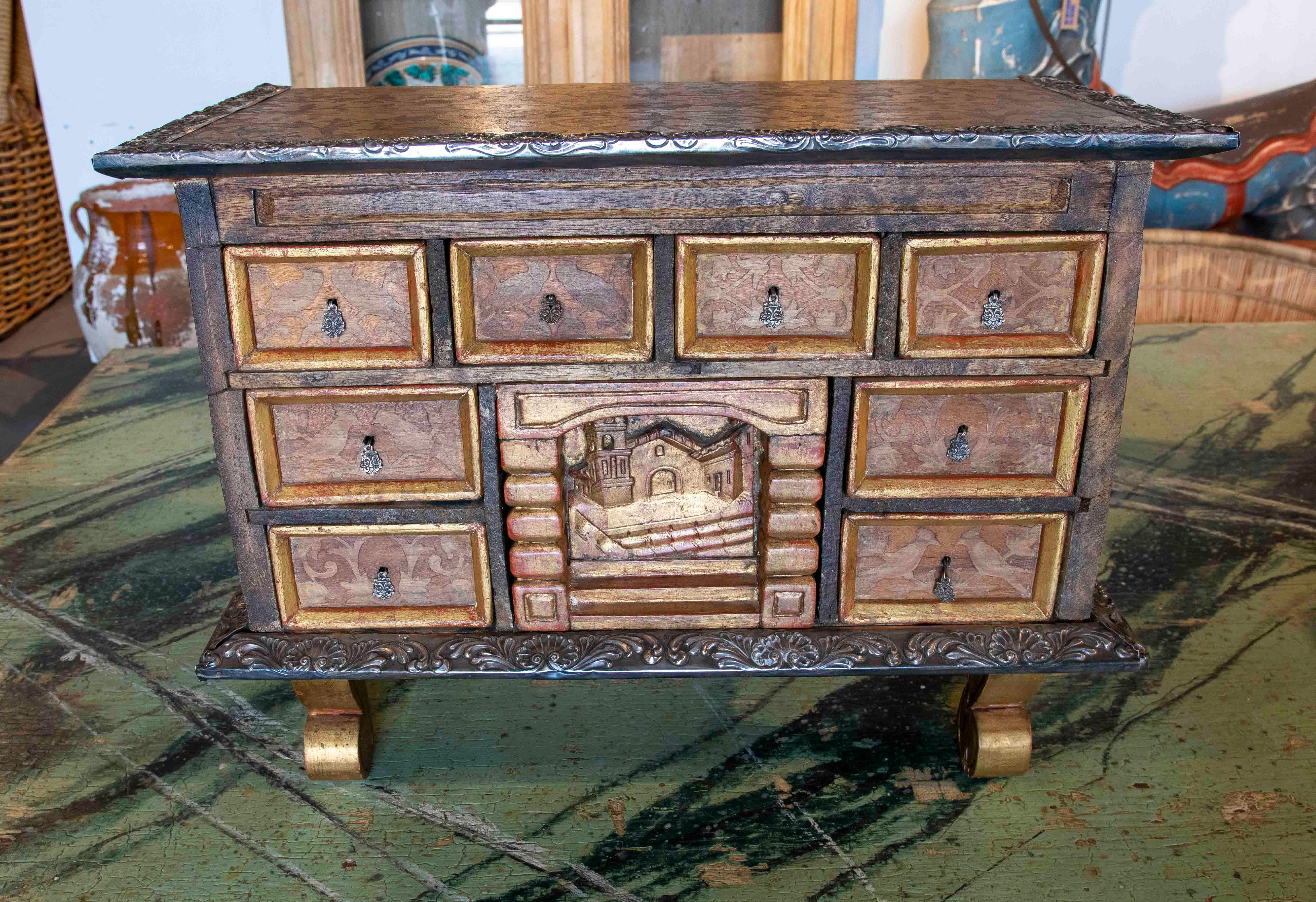 19th century Mexican Polychromed Metal Chest with Drawers and Decorations.