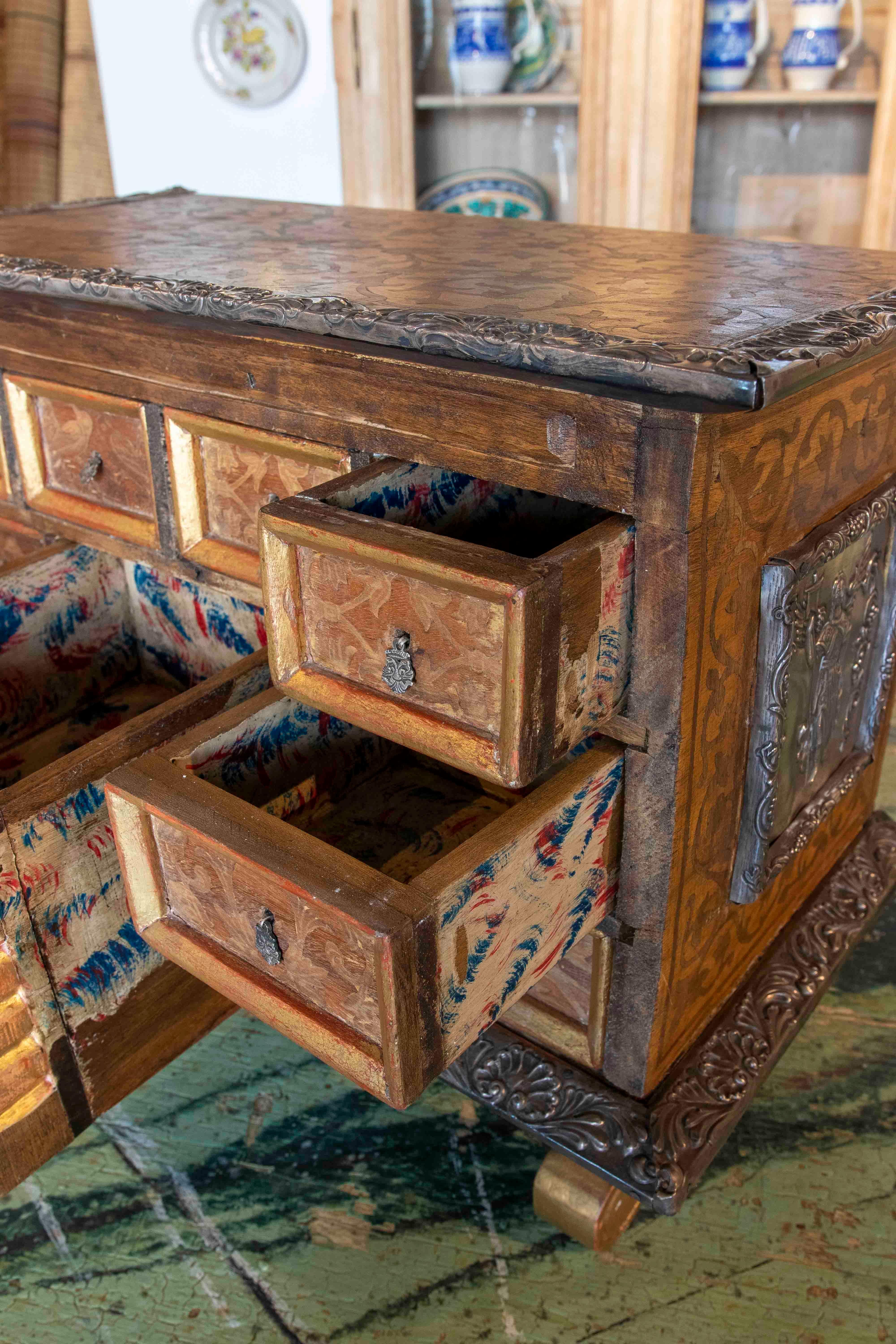 19th Century Mexican Polychromed Metal Chest with Drawers and Decorations For Sale 1