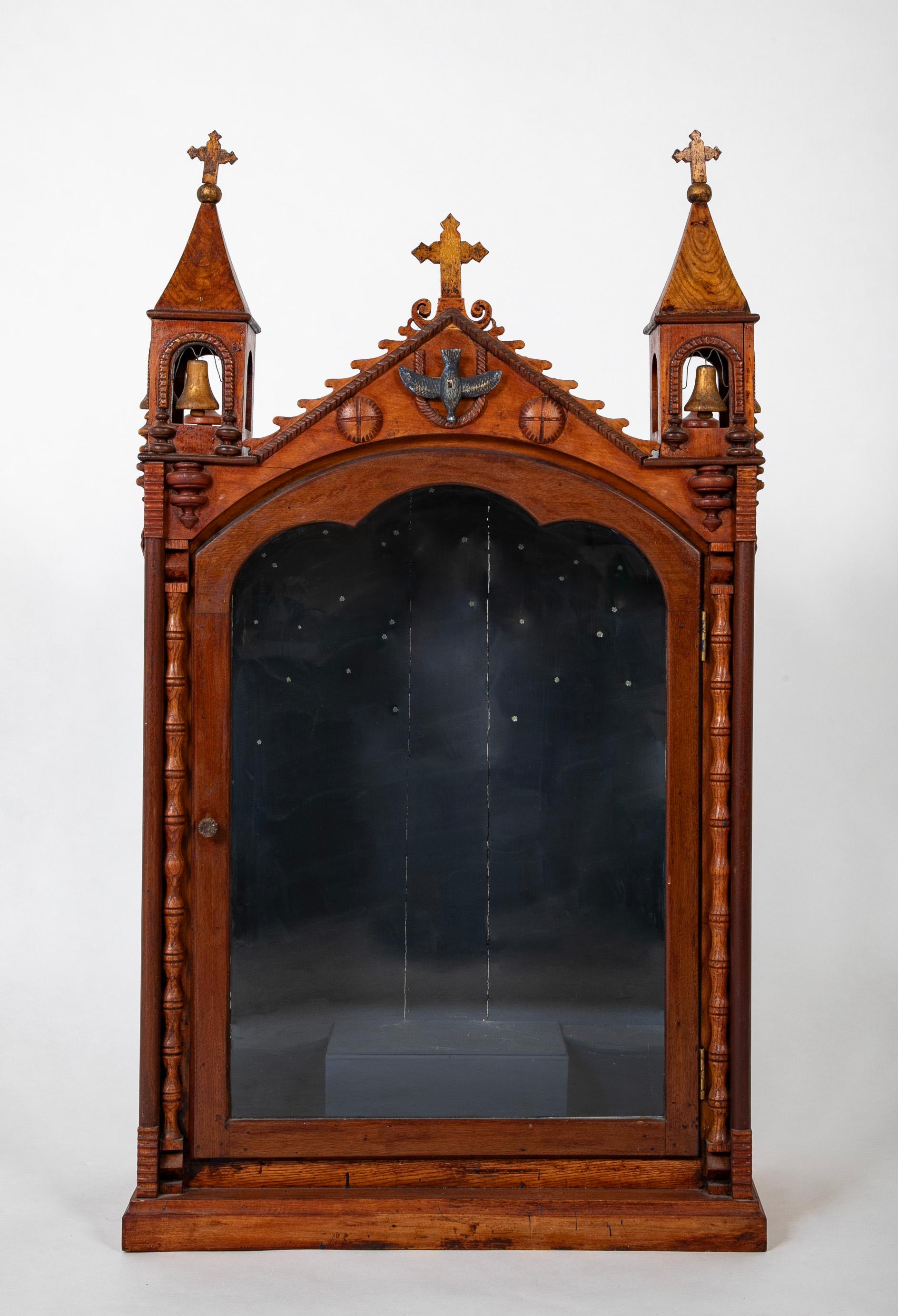 Mexican 19th Century Spanish Colonial Santos Shrine With Gilt Wood For Sale