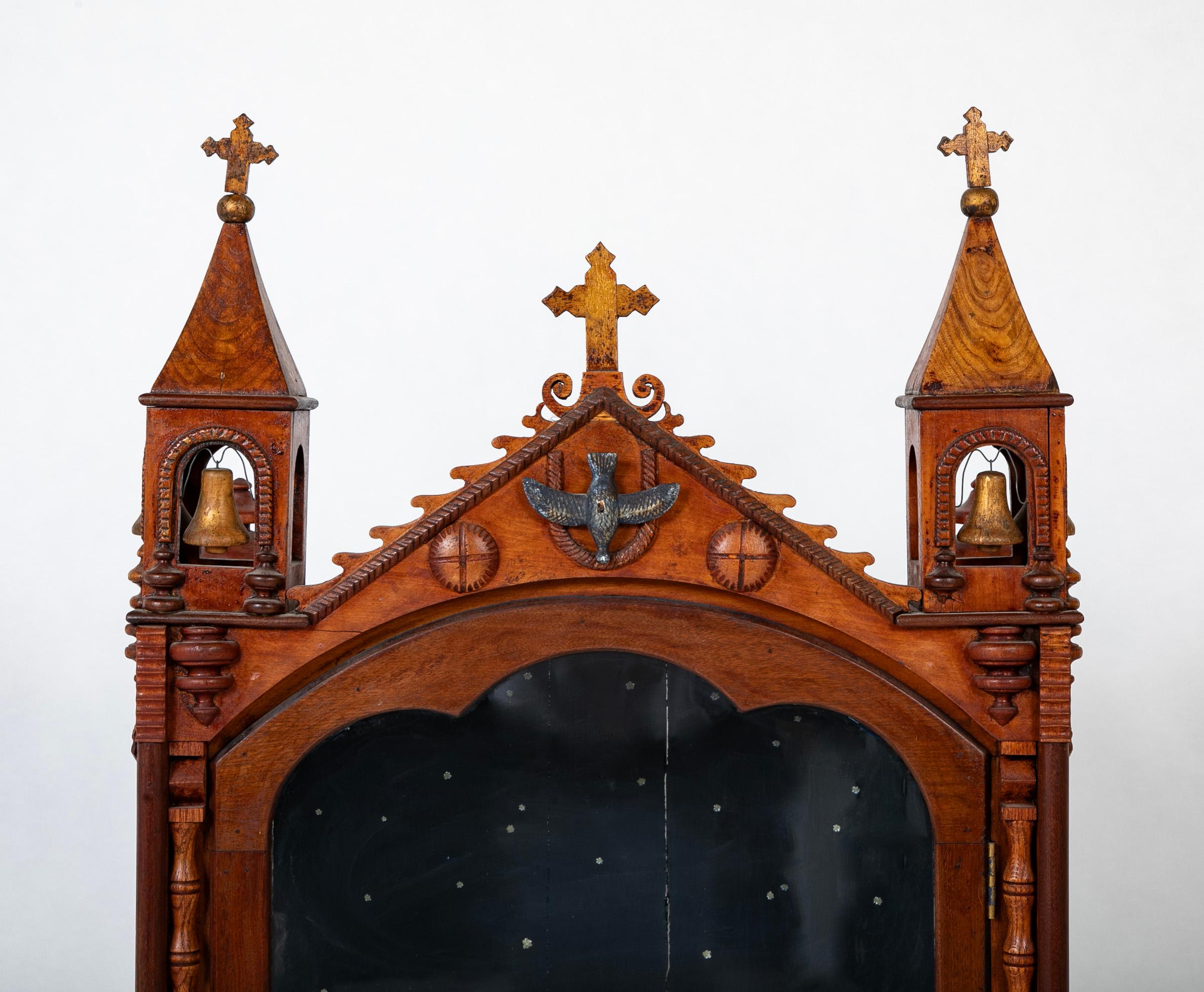 Hand-Carved 19th Century Spanish Colonial Santos Shrine With Gilt Wood For Sale