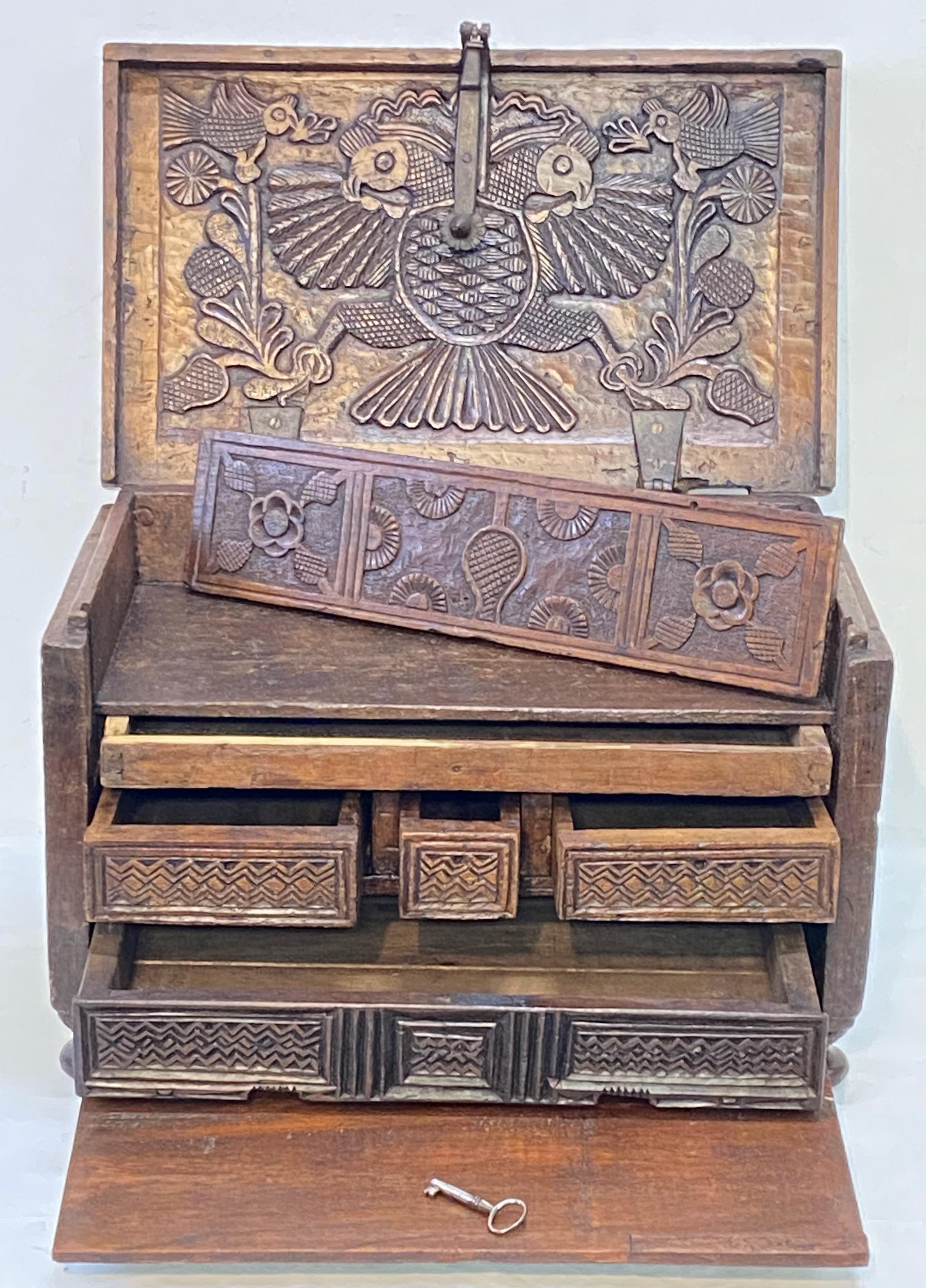 19th Century Mexican Table Top Carved Wood Storage Box In Good Condition In San Francisco, CA