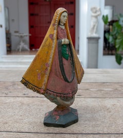 19th Century Mexican Wooden Hand-Painted Virgin with Child in Arms
