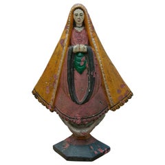 19th Century Mexican Wooden Hand-Painted Virgin with Child in Arms