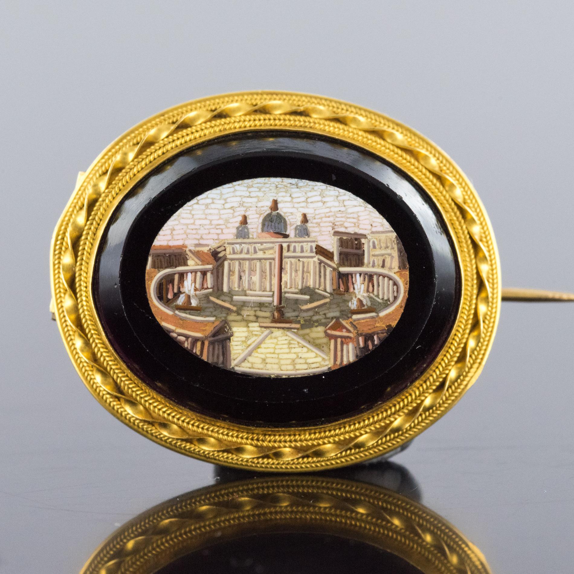Napoleon III 19th Century Micromosaic 18 Karat Yellow Gold Brooch