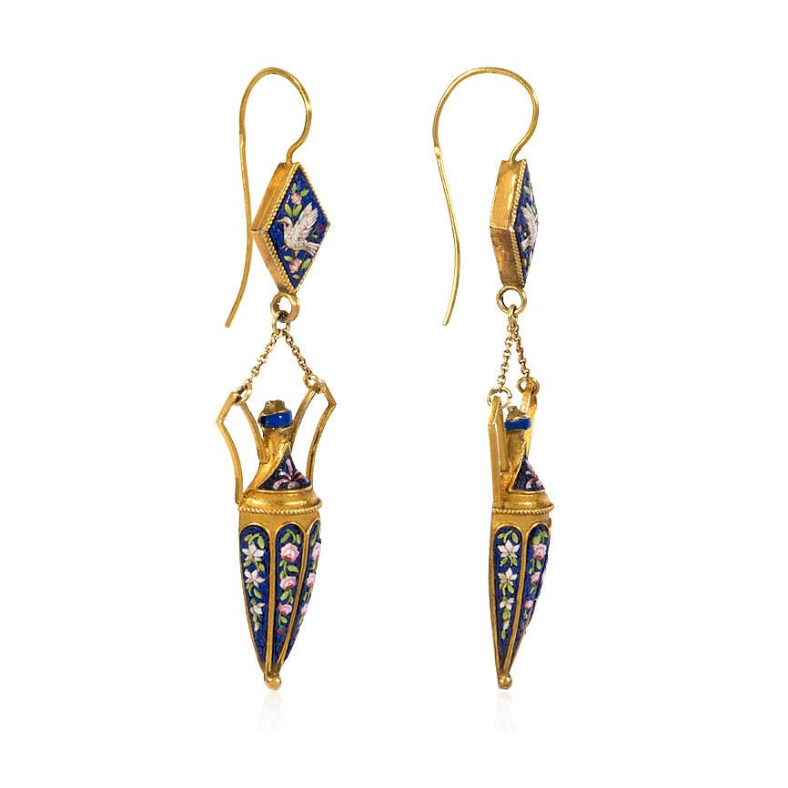 A pair of antique micromosaic earrings in the form of blue amphorae with rosettes, suspending from diamond-shaped tops with doves, in 18k gold. Vatican hallmark

Dimensions: 2.25