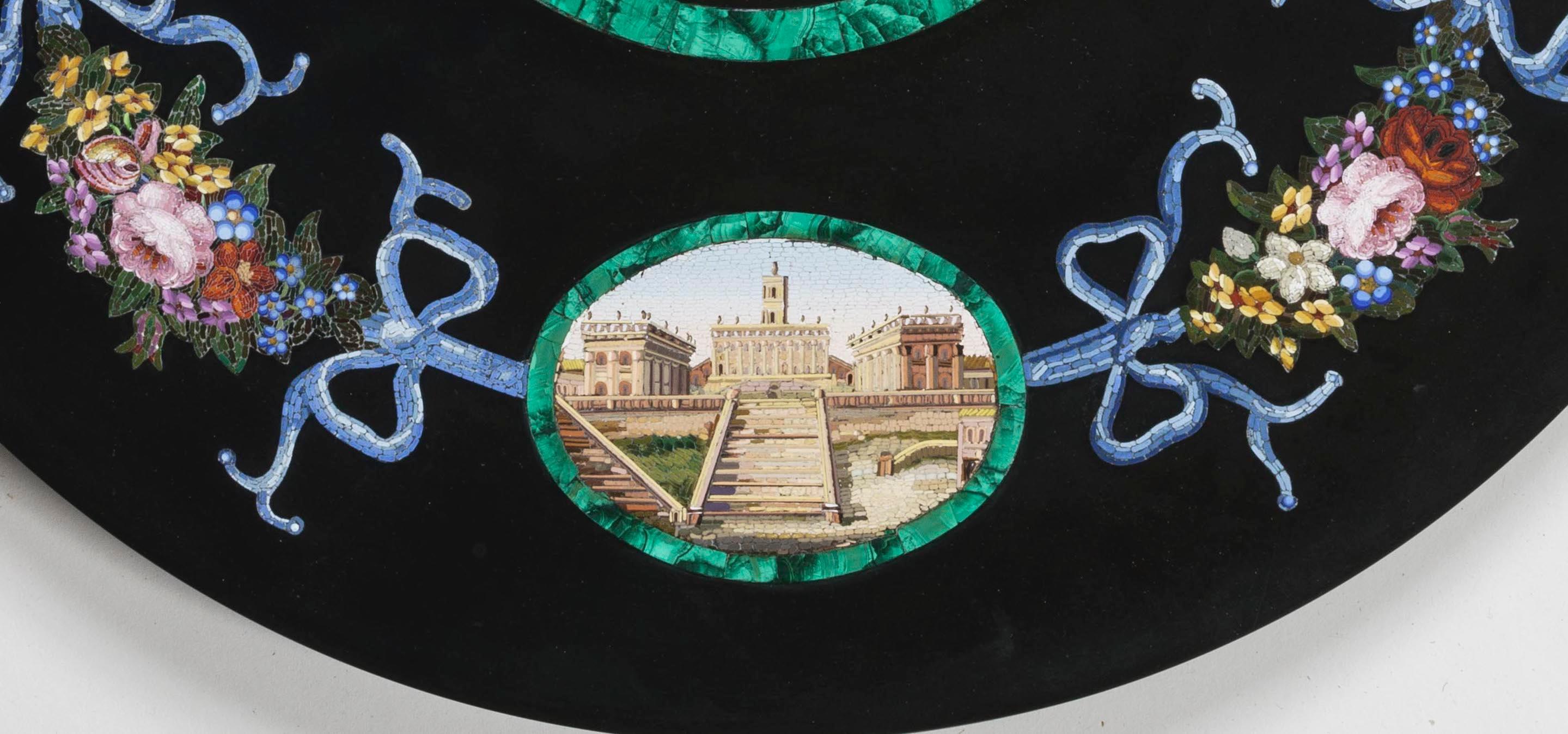 Malachite 19th Century Micromosaic Table Top with Views of Rome from the Grand Tour For Sale