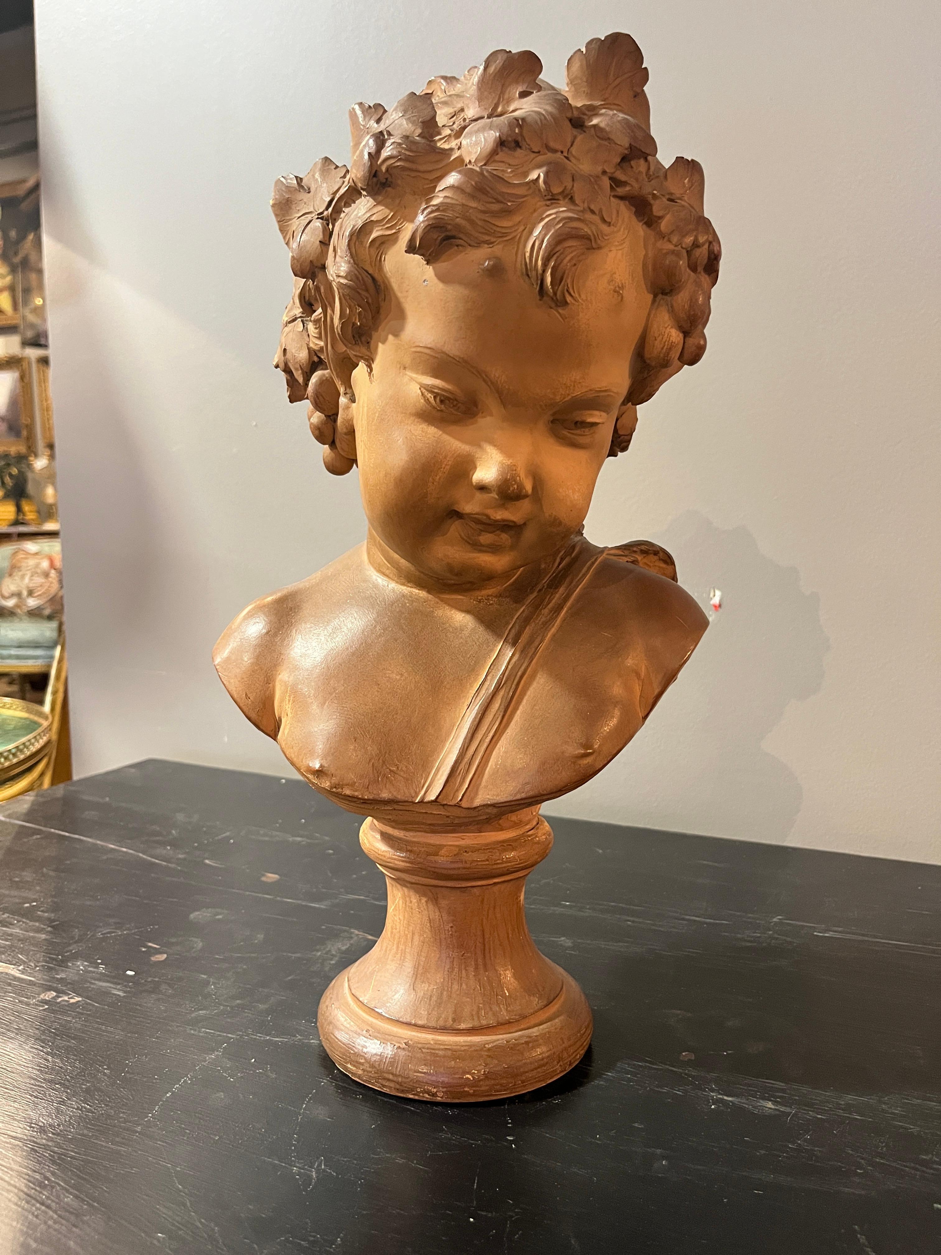Busto de terracota de Baco del siglo XIX (mediados) Francés en venta