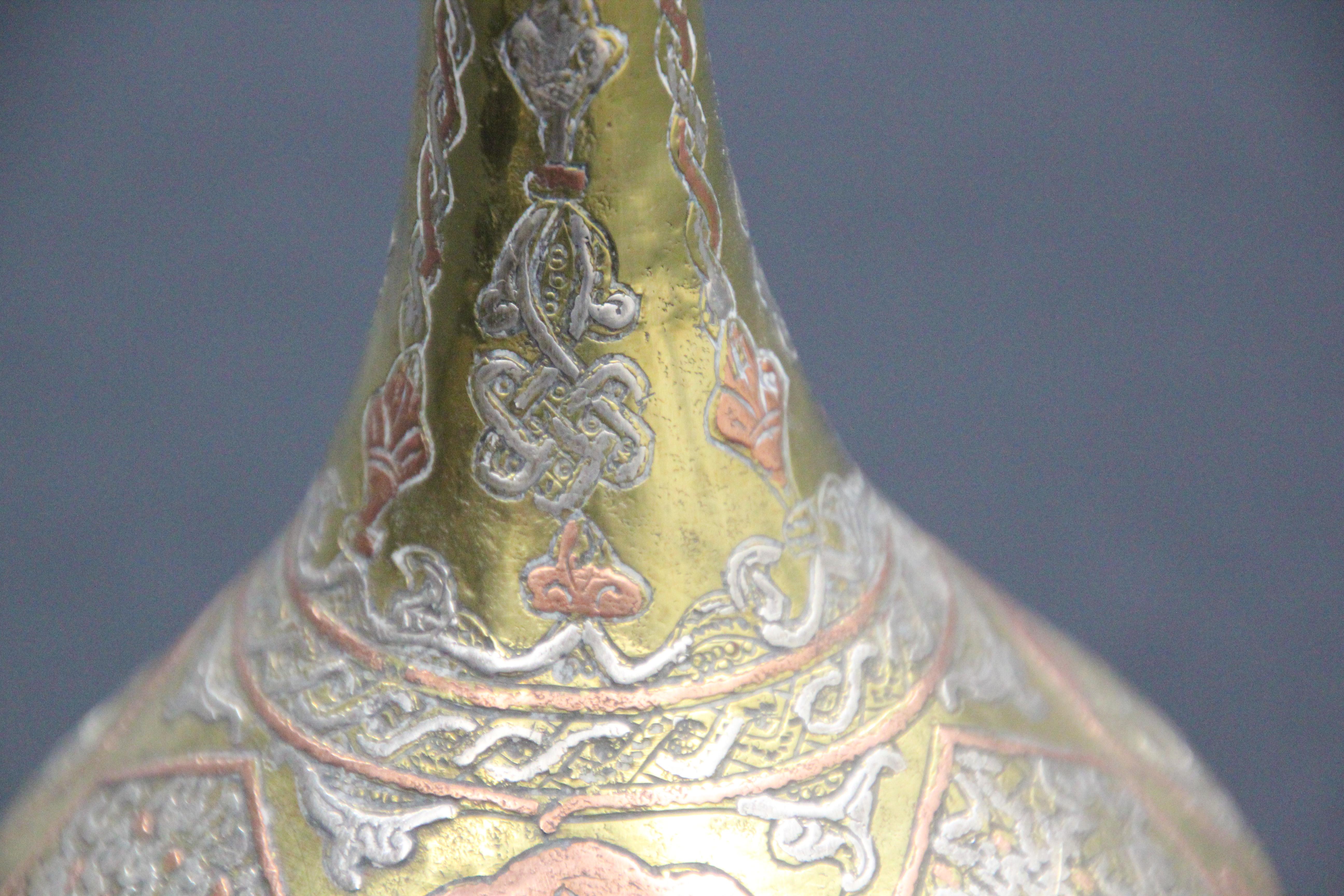 Middle Eastern Islamic Brass Inlaid Decorative Vase Moorish Style 19th C. For Sale 3