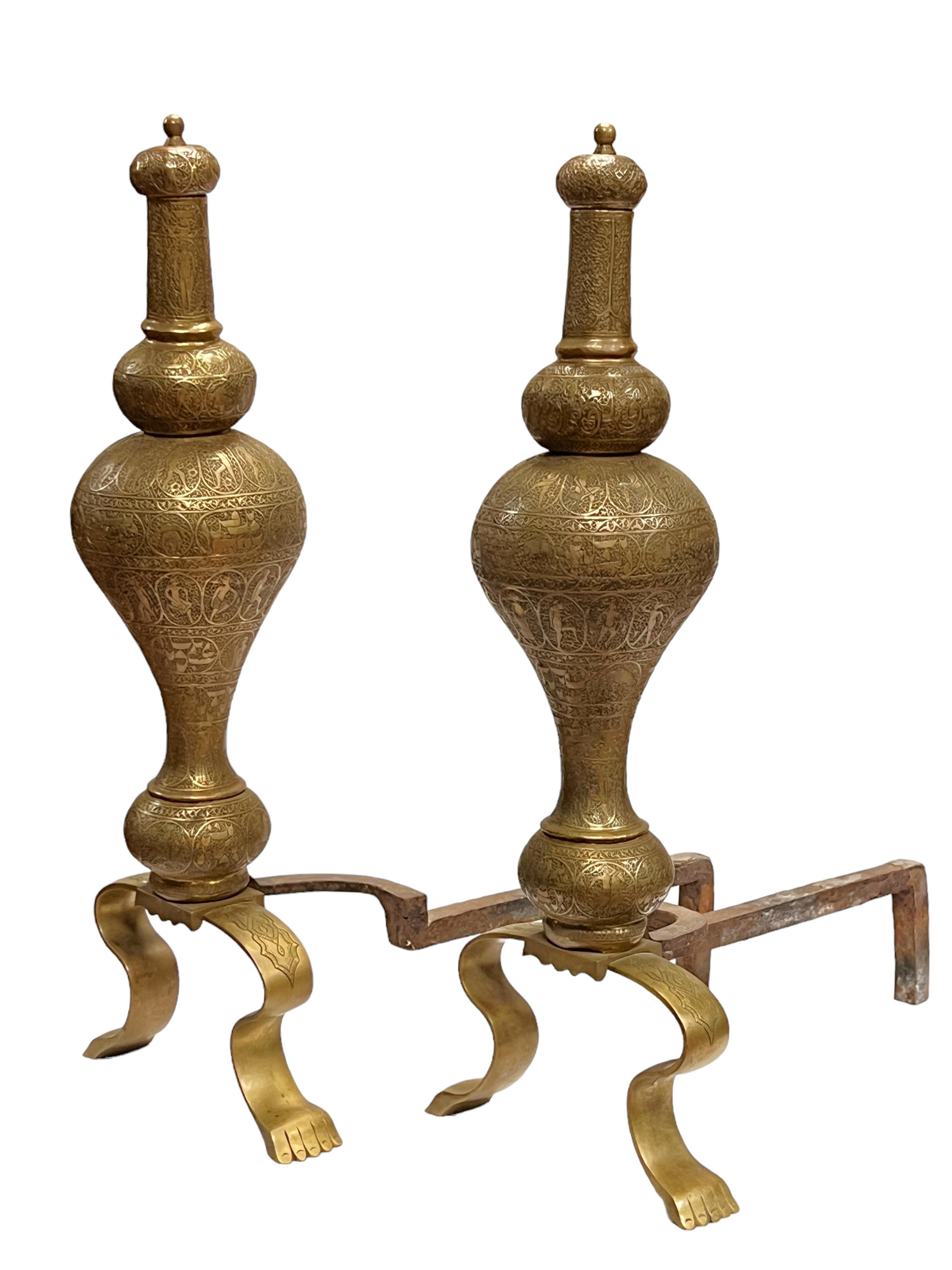 Very unique antique (late 19th century) bronze andirons depicting figures, animals and Islamic calligraphy.