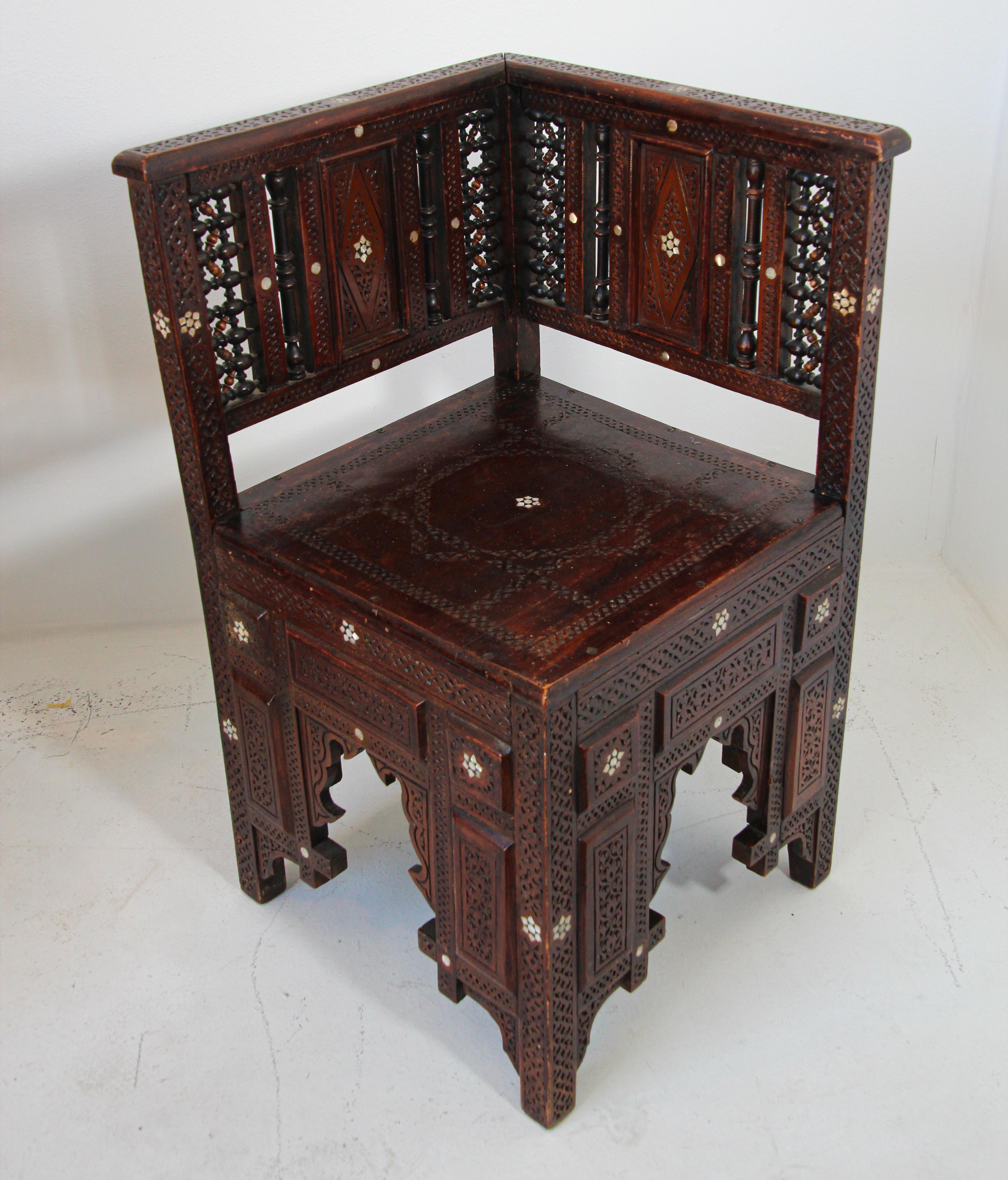 Hand-Carved 19th Century Middle Eastern Egyptian Moorish Corner Chairs For Sale