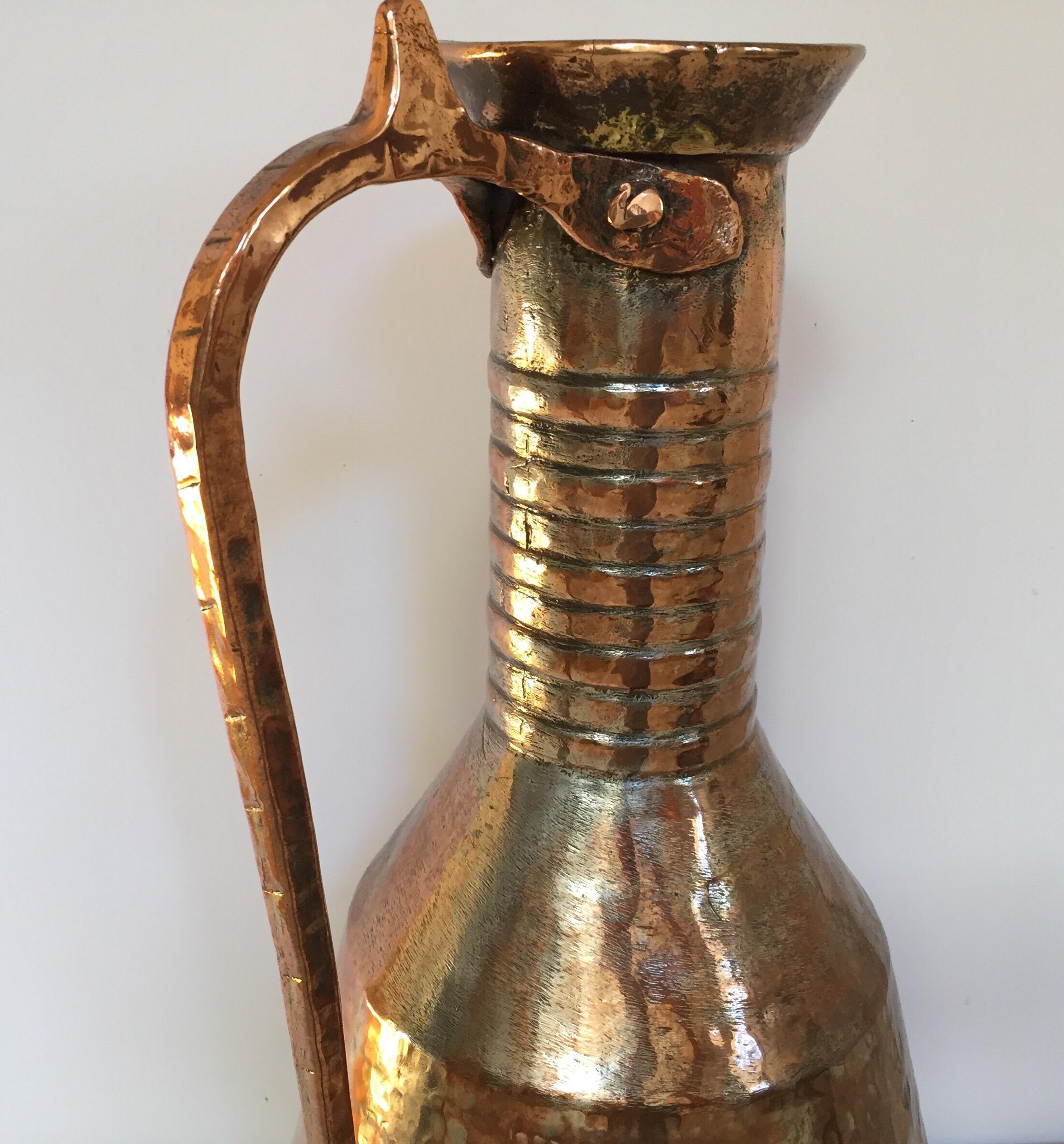 Hammered 19th Century Middle Eastern Persian Metal Copper Water Ewer For Sale