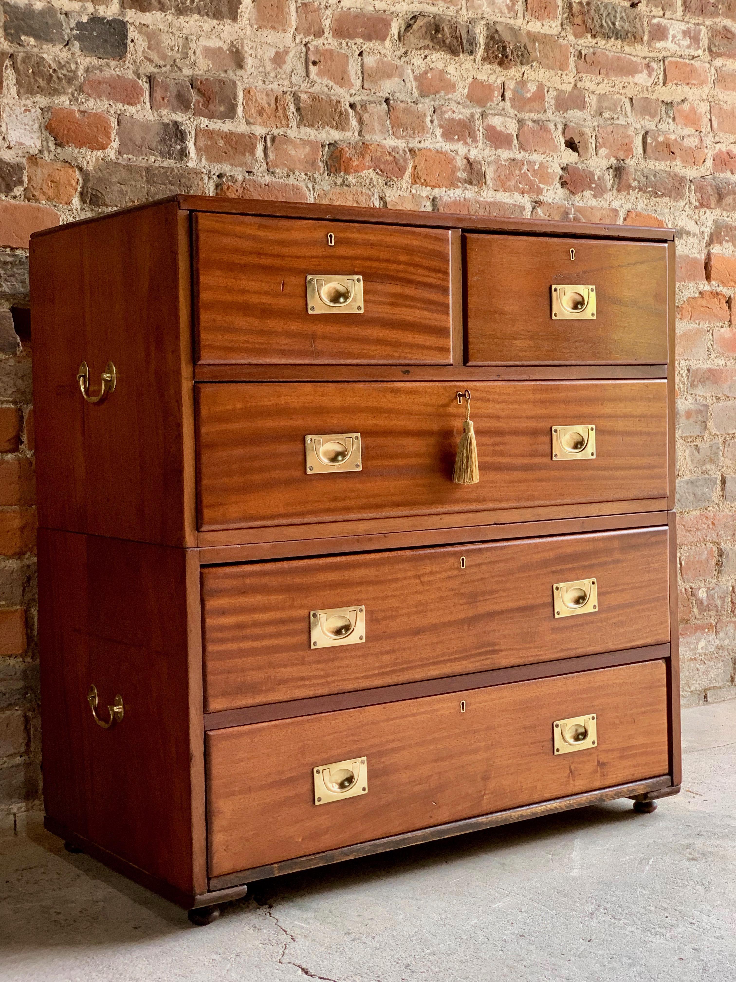 Brass 19th Century Military Campaign Chest of Drawers in Teak circa 1870 No 23