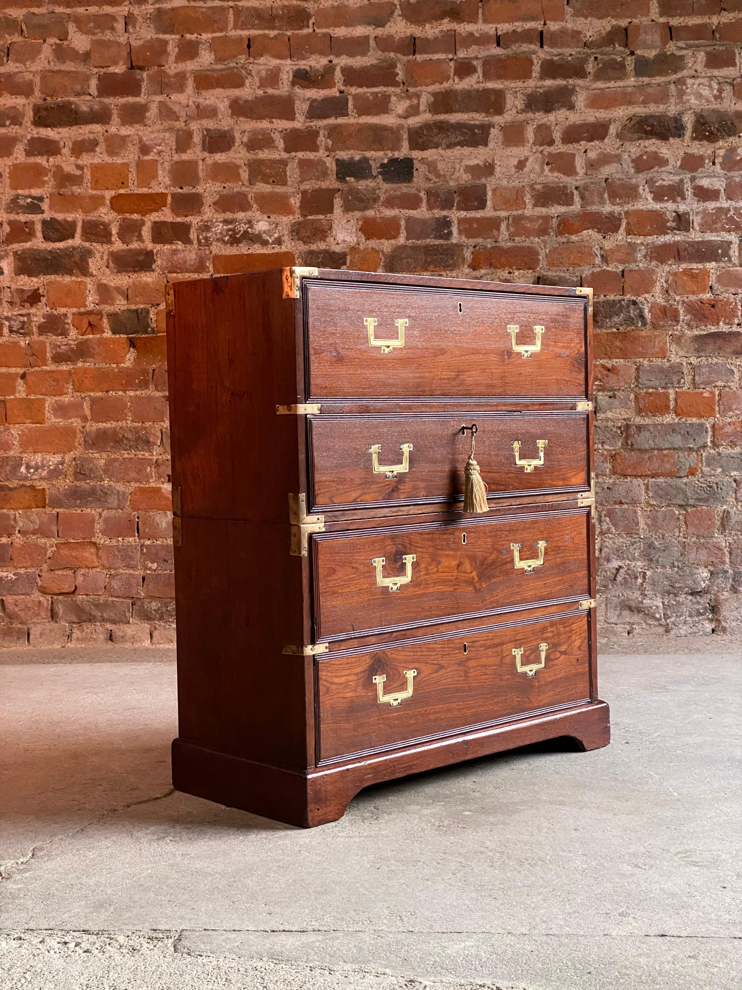 19th century military campaign chest of drawers mahogany Victorian circa 1850

A magnificent small and petit mid-19th century mahogany military Campaign chest in two sections circa 1850, fitted with an arrangement of four drawers, with flush