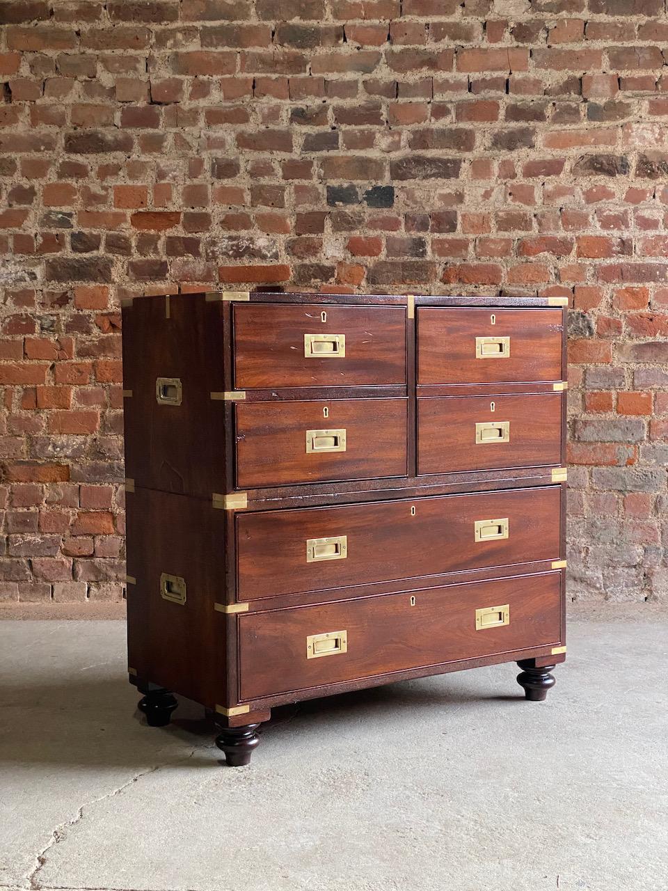 19th century military campaign chest of drawers teak circa 1850 number 88

Fabulous 19th century Colonial Military brass - Mounted Teak Campaign chest of drawers, England circa 1850, the two section chest with original flush mounted brass handles
