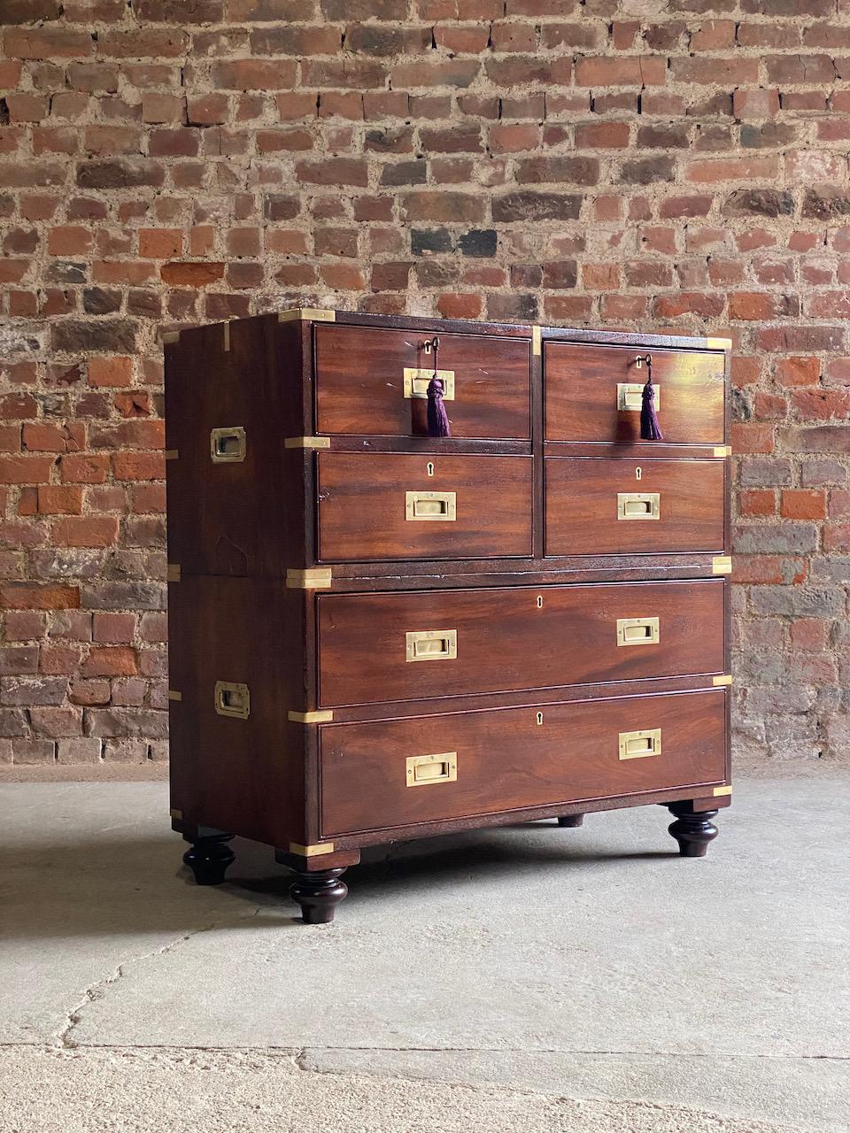 19th century military Campaign chest of drawers teak circa 1850 number 88

Fabulous 19th century Colonial Military brass - mounted teak Campaign chest of drawers, England circa 1850, the two section chest with original flush mounted brass handles