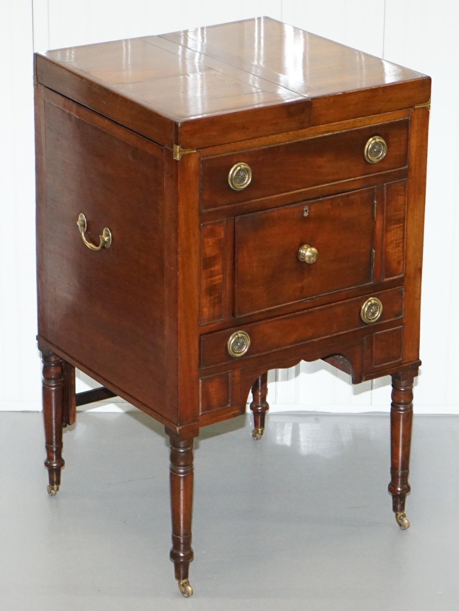 We are delighted to this very rare 19th century Military officers Campaign wash stand with drawers and cupboard on original castors

A very well made and collectible piece of furniture, everything is present and correct, the mirrors out and holds