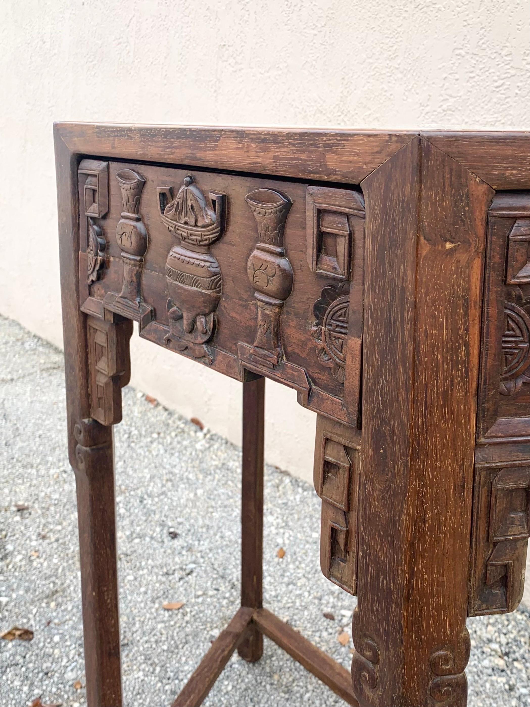 Marble 19th Century Ming Style Hard Wood Chinese Console Table For Sale