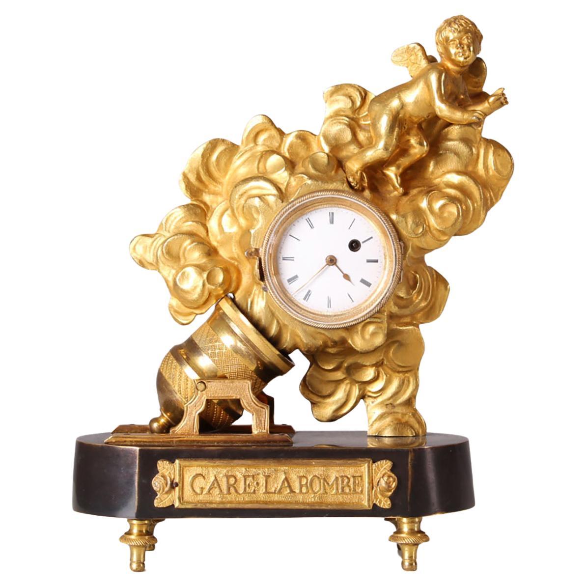 19th Century Miniatur Mantel Clock, Gare La Bombe, Cupido, France, Gilded Bronze For Sale