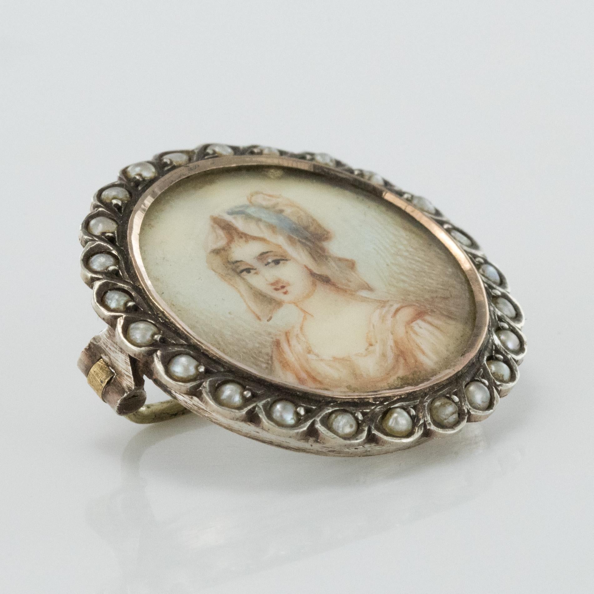 19th Century Miniature and Pearls on Silver Brooch For Sale 3