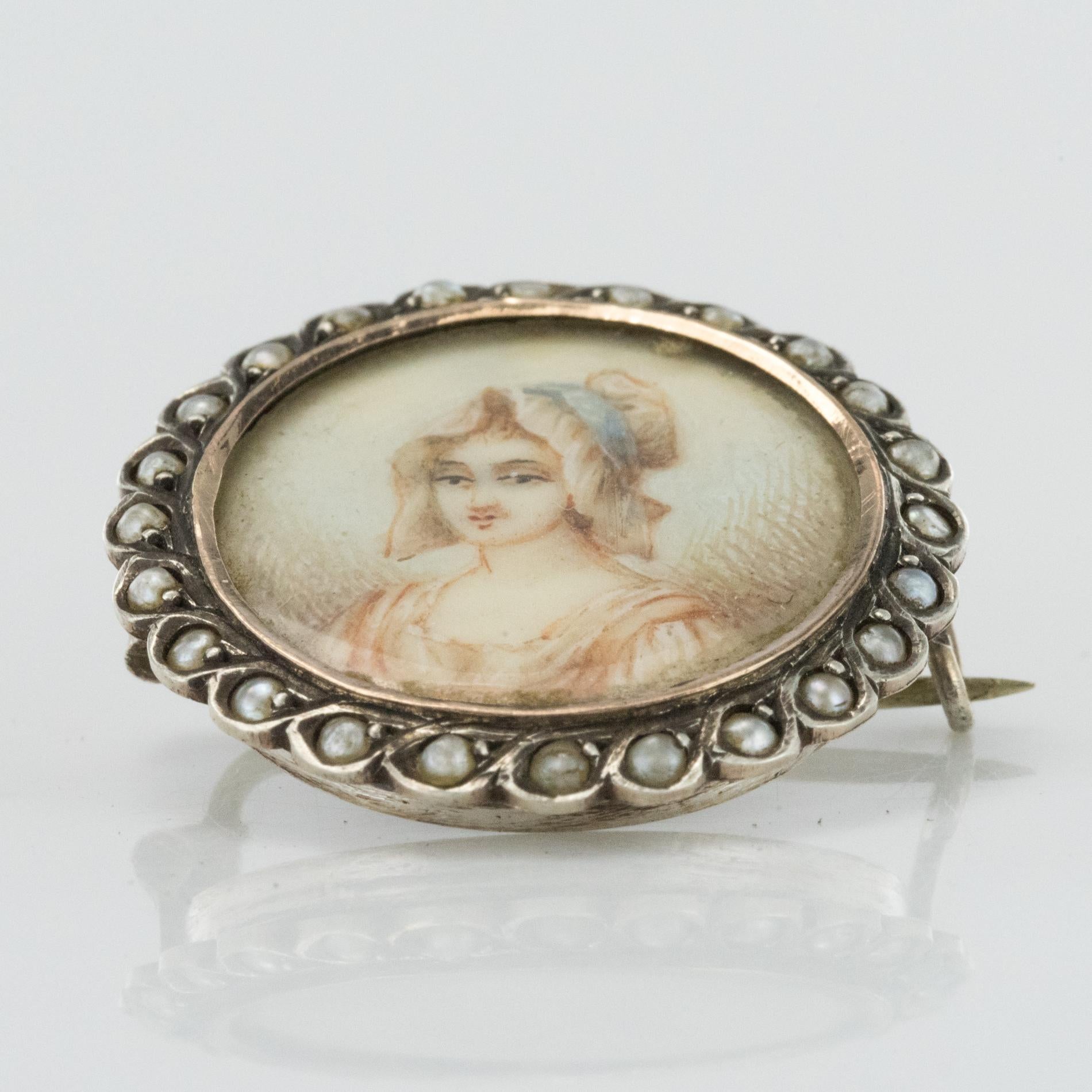 19th Century Miniature and Pearls on Silver Brooch For Sale 5