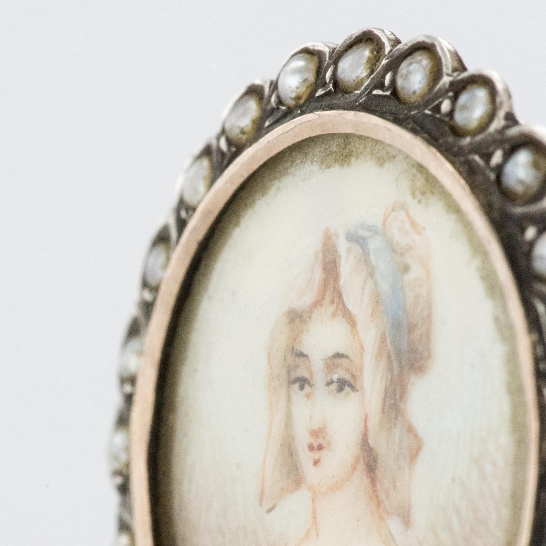 Napoleon III 19th Century Miniature and Pearls on Silver Brooch For Sale