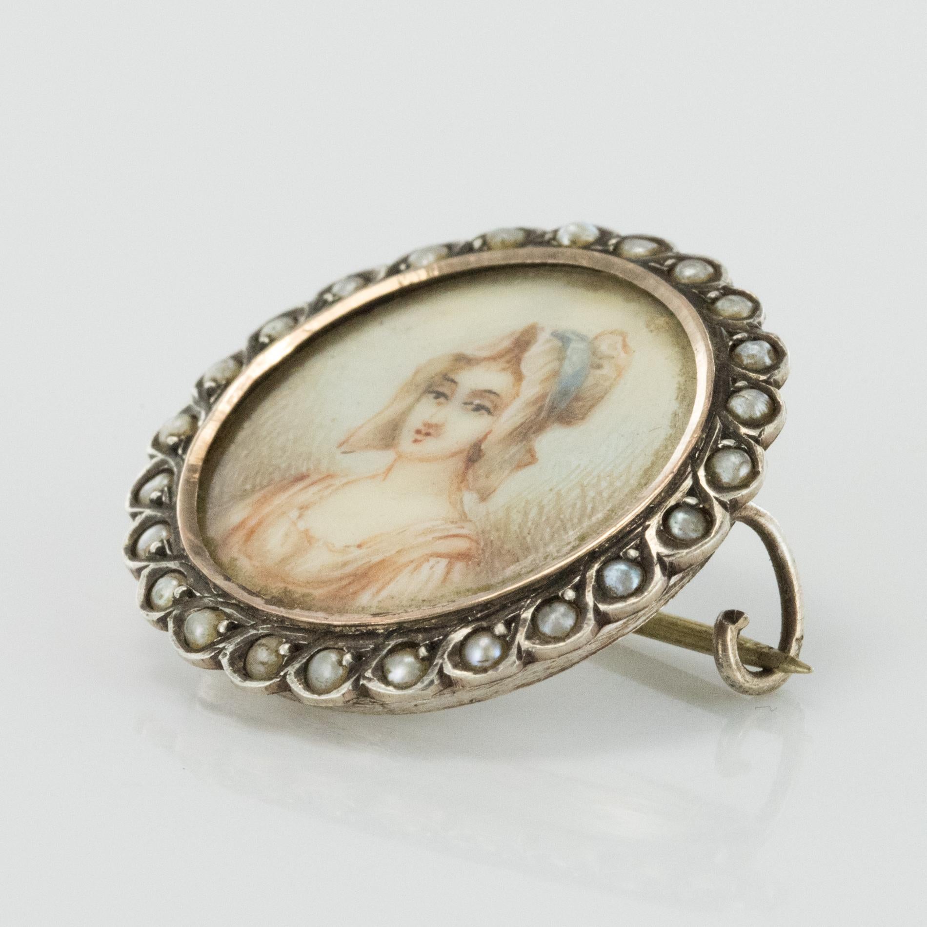 19th Century Miniature and Pearls on Silver Brooch In Good Condition For Sale In Poitiers, FR
