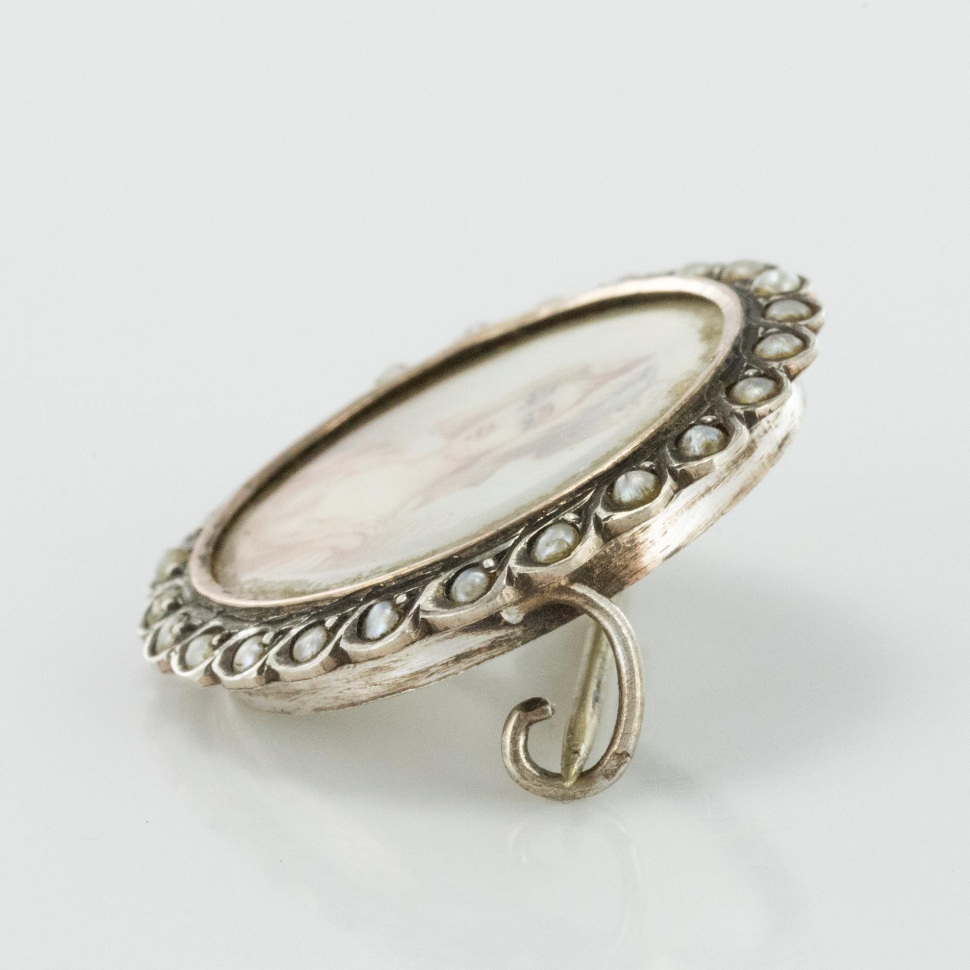 Women's 19th Century Miniature and Pearls on Silver Brooch For Sale