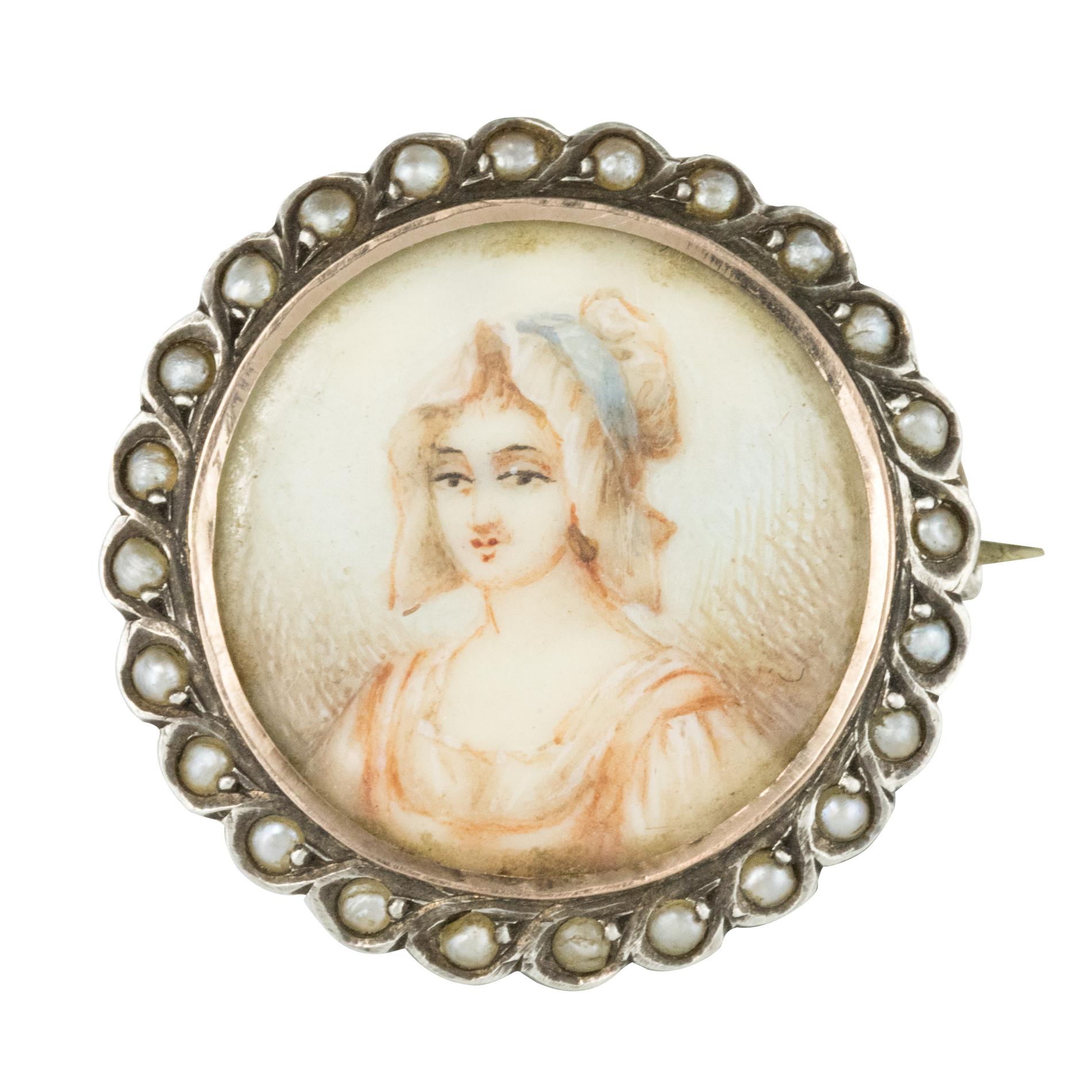 19th Century Miniature and Pearls on Silver Brooch For Sale