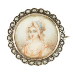 Antique 19th Century Miniature and Pearls on Silver Brooch