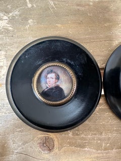 19th-century Miniature Art Works, Rounded Ebonised Wooden Frame, Brass Bezel.