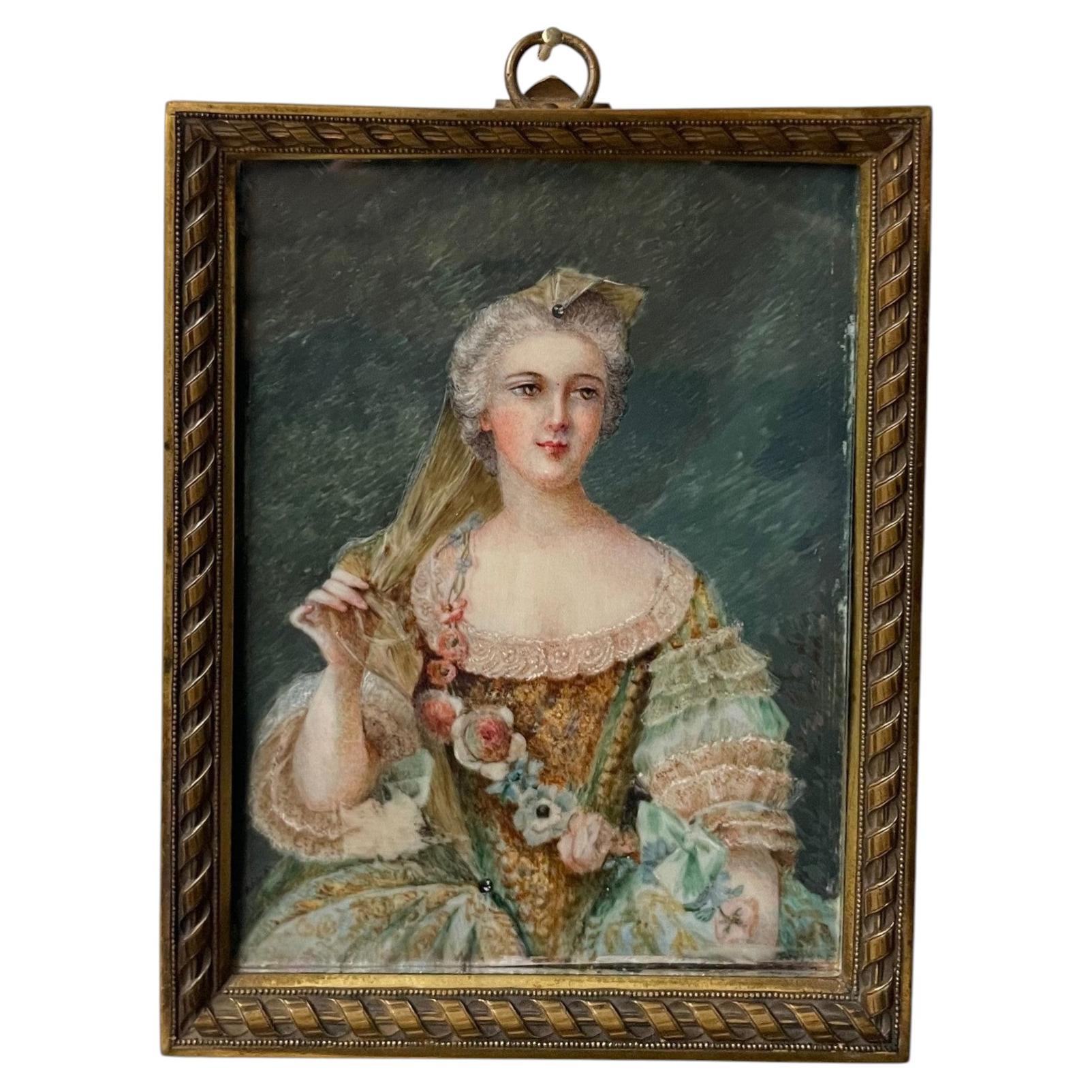 19th-century miniature depicting an 18th-century lady, bronze frame For Sale