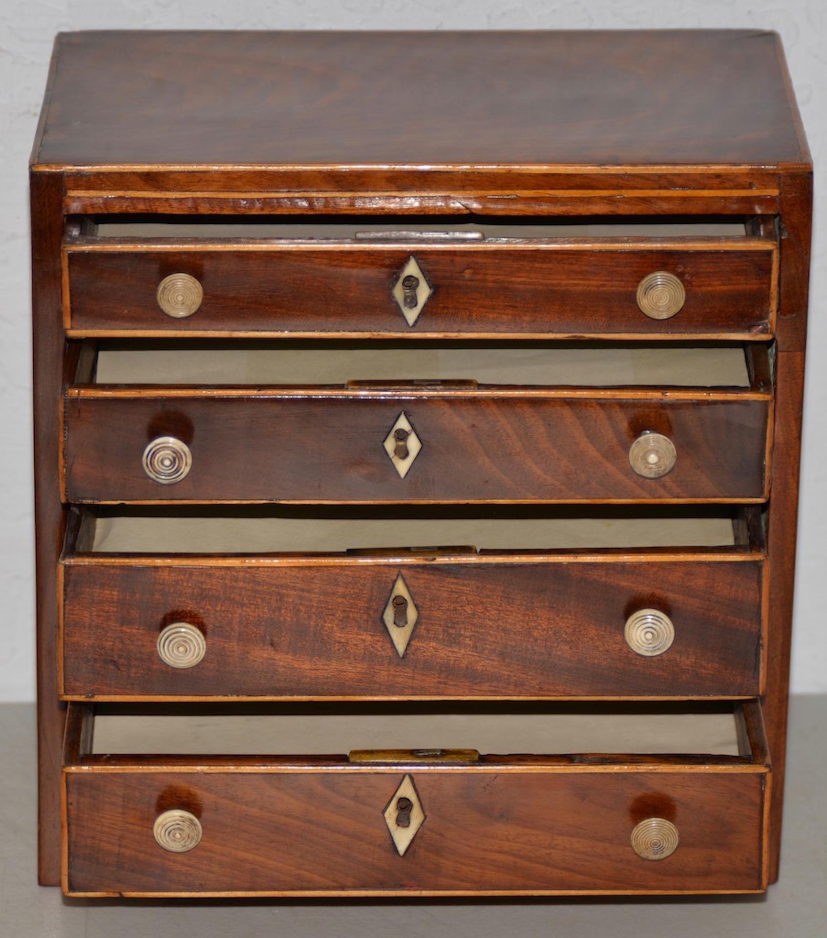 Hand-Crafted 19th Century Miniature Mahogany Salesman Sample Chest of Drawers with Inlay