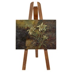 Peinture miniature à l'huile sur carton du 19ème siècle d'édelweiss