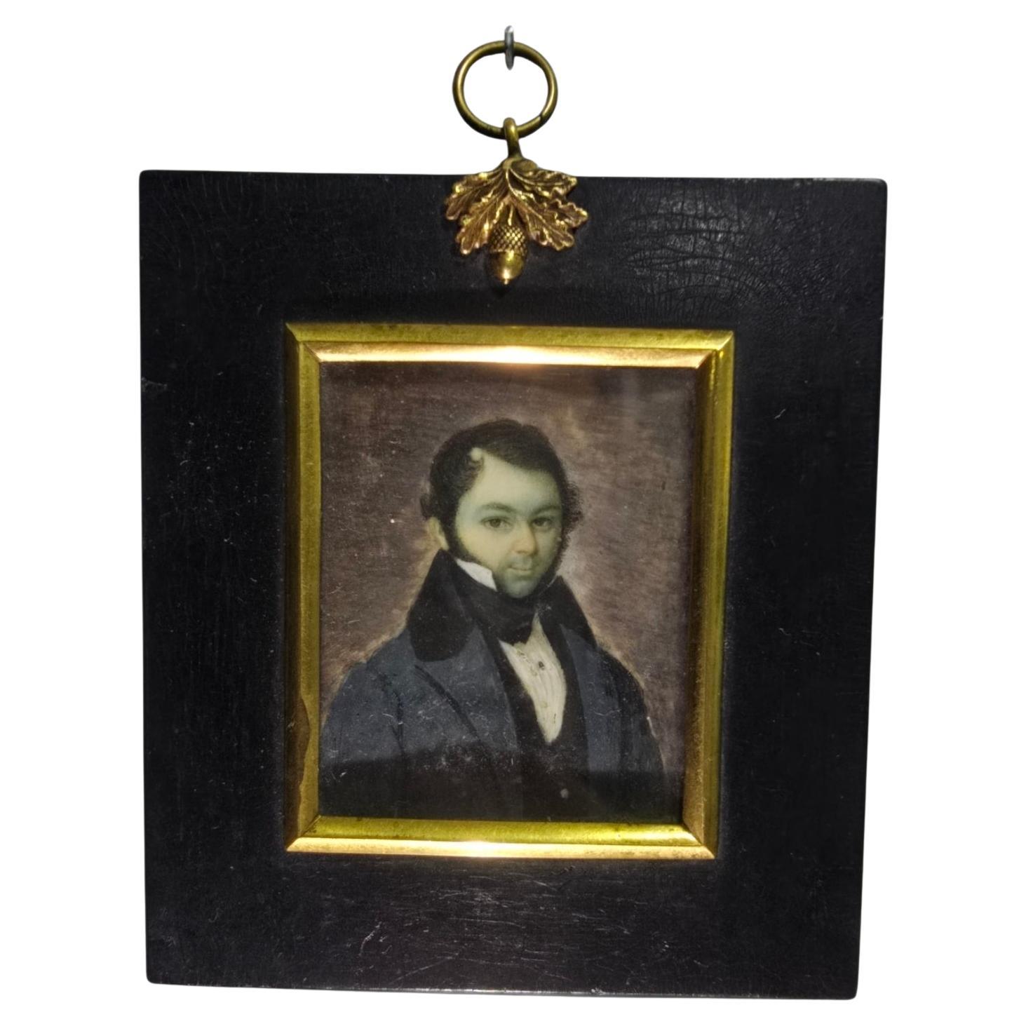 Ritratto ad olio in miniatura del XIX secolo - Gentiluomo europeo