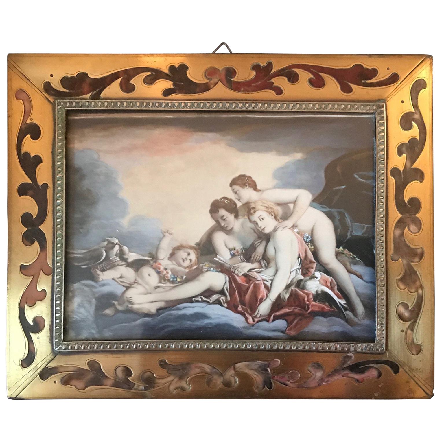 19th Century Miniature Painting after Francois Boucher in Boulle Frame