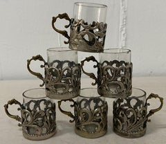 19th Century Miniature Sterling Silver Liquor Cup Holders with Glass Inserts