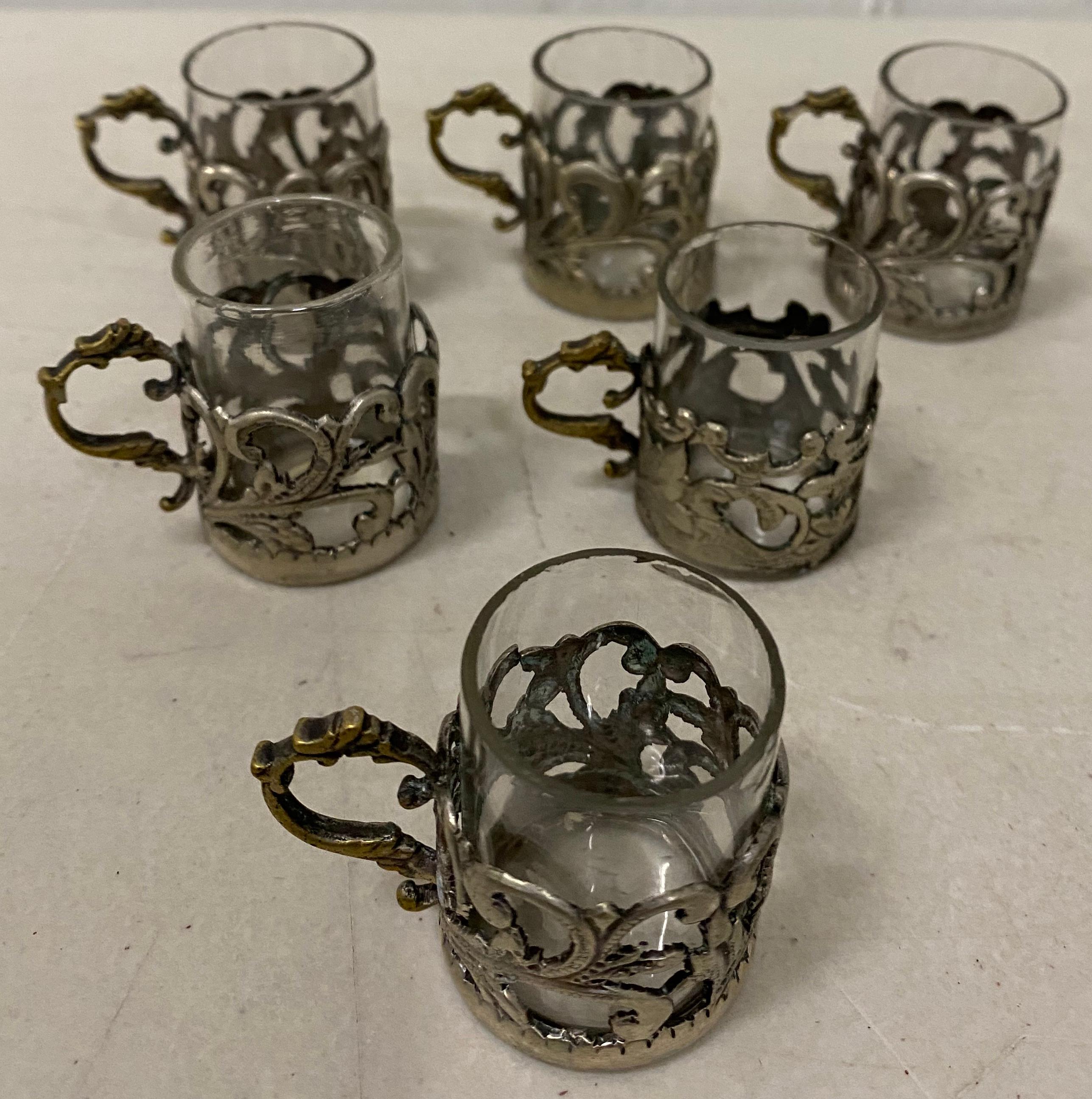 English 19th Century Miniature Sterling Silver Liquor Cup Holders with Glass Inserts For Sale