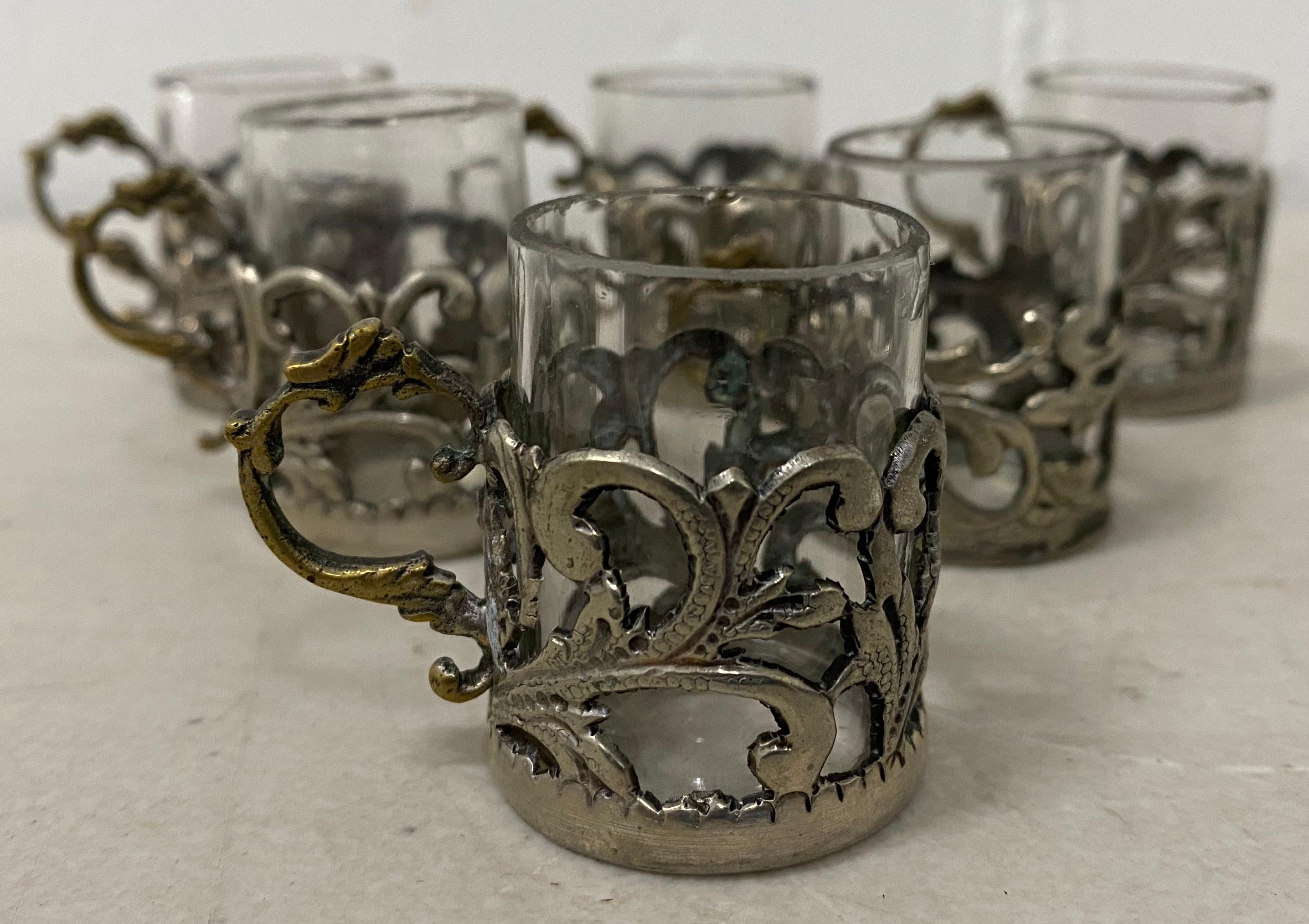 Hand-Crafted 19th Century Miniature Sterling Silver Liquor Cup Holders with Glass Inserts For Sale
