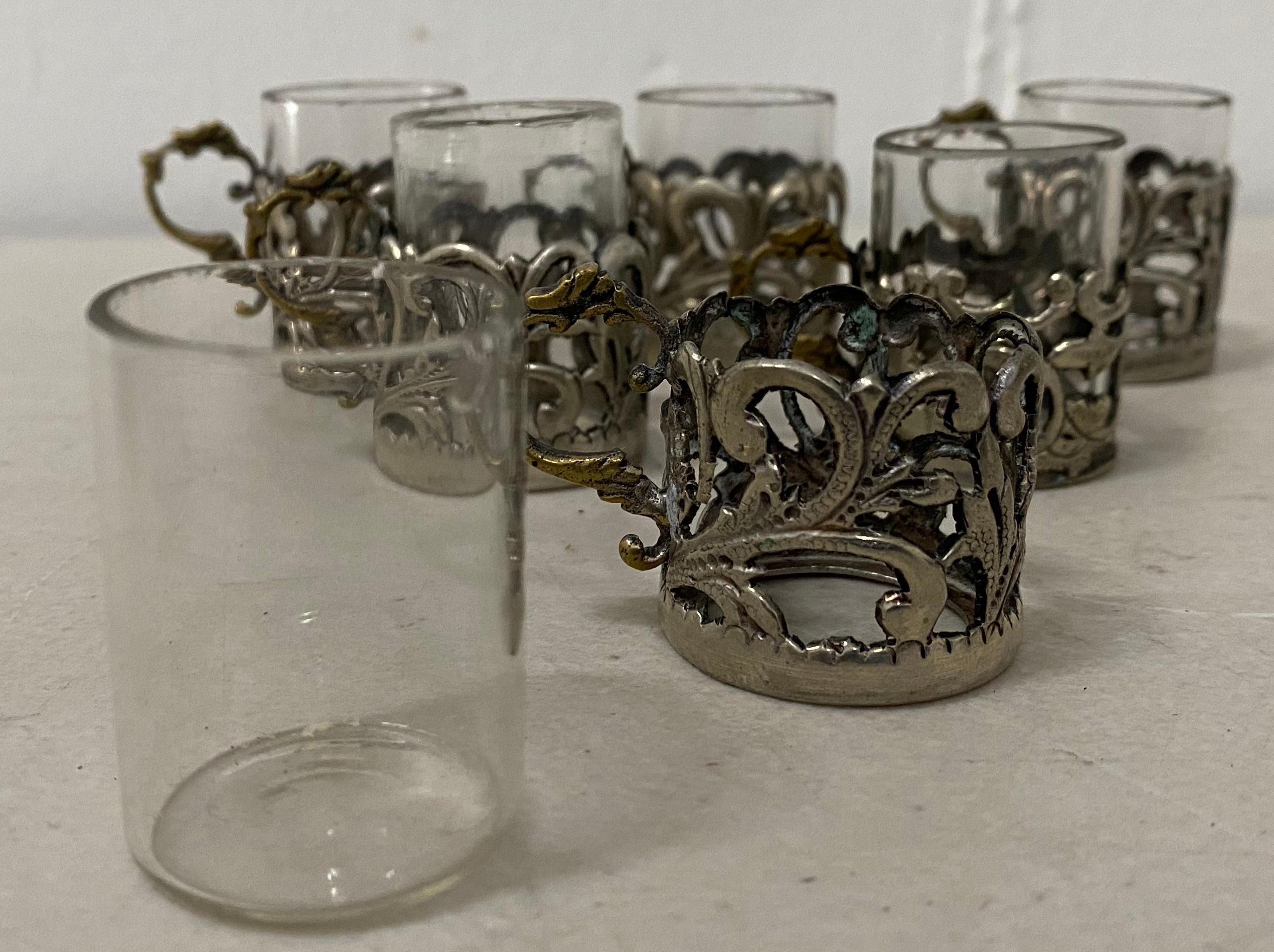 19th Century Miniature Sterling Silver Liquor Cup Holders with Glass Inserts In Good Condition For Sale In San Francisco, CA