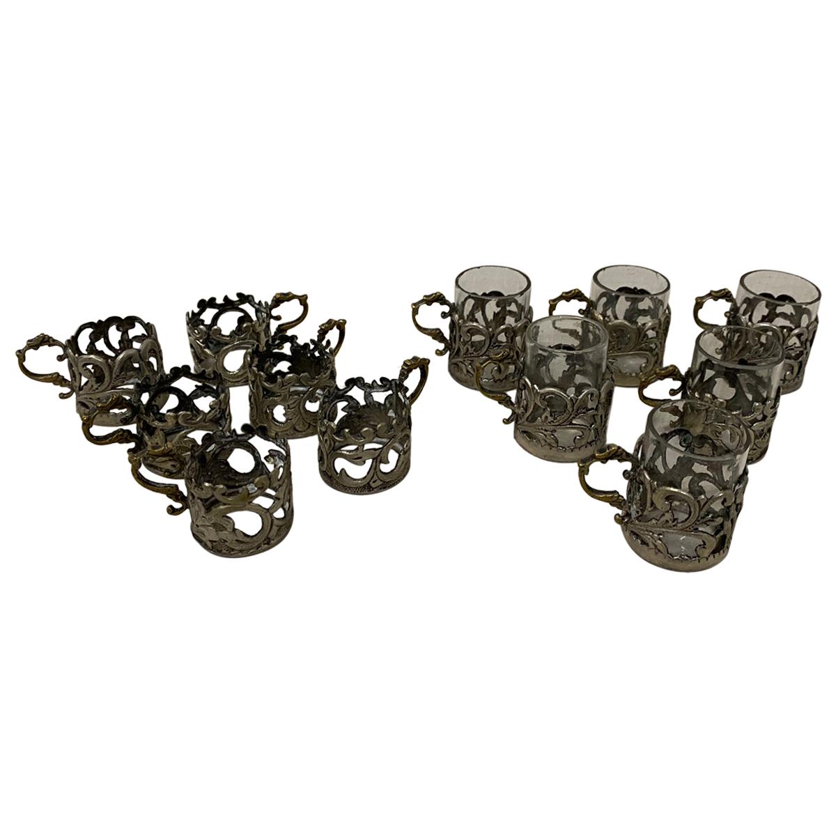 19th Century Miniature Sterling Silver Liquor Cup Holders with Glass Inserts For Sale