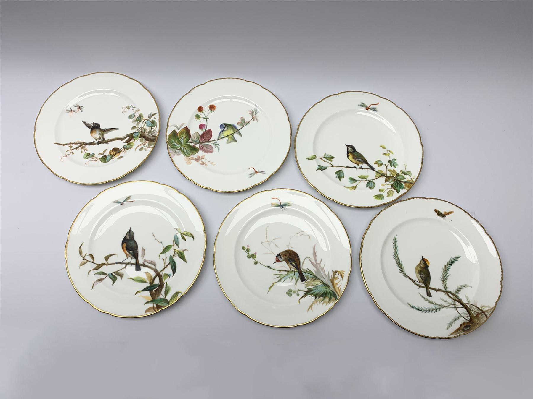 19th century Minton dessert service, comprising 4 comports, 1 tazza, and 12 plates, each handpainted with birds perched upon branches, and further detailed with Insects and heightened in Gilt. With printed retailers mark beneath for John Mortlock