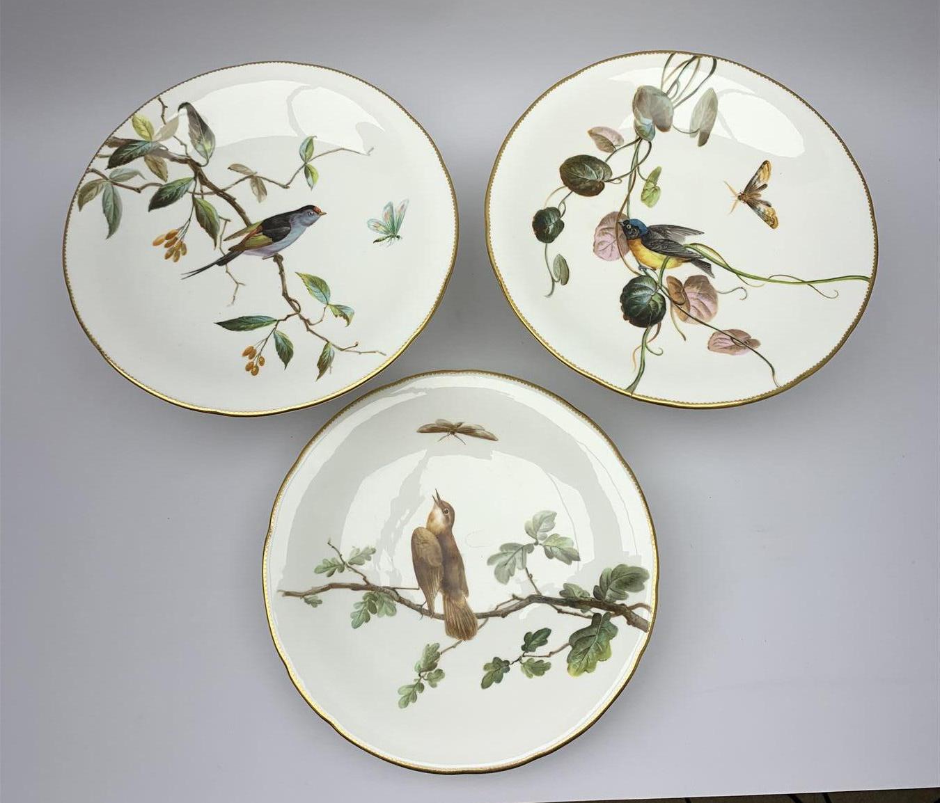 Porcelain 19th Century Minton Bird and Insect Dessert Service 17 Pieces For Sale
