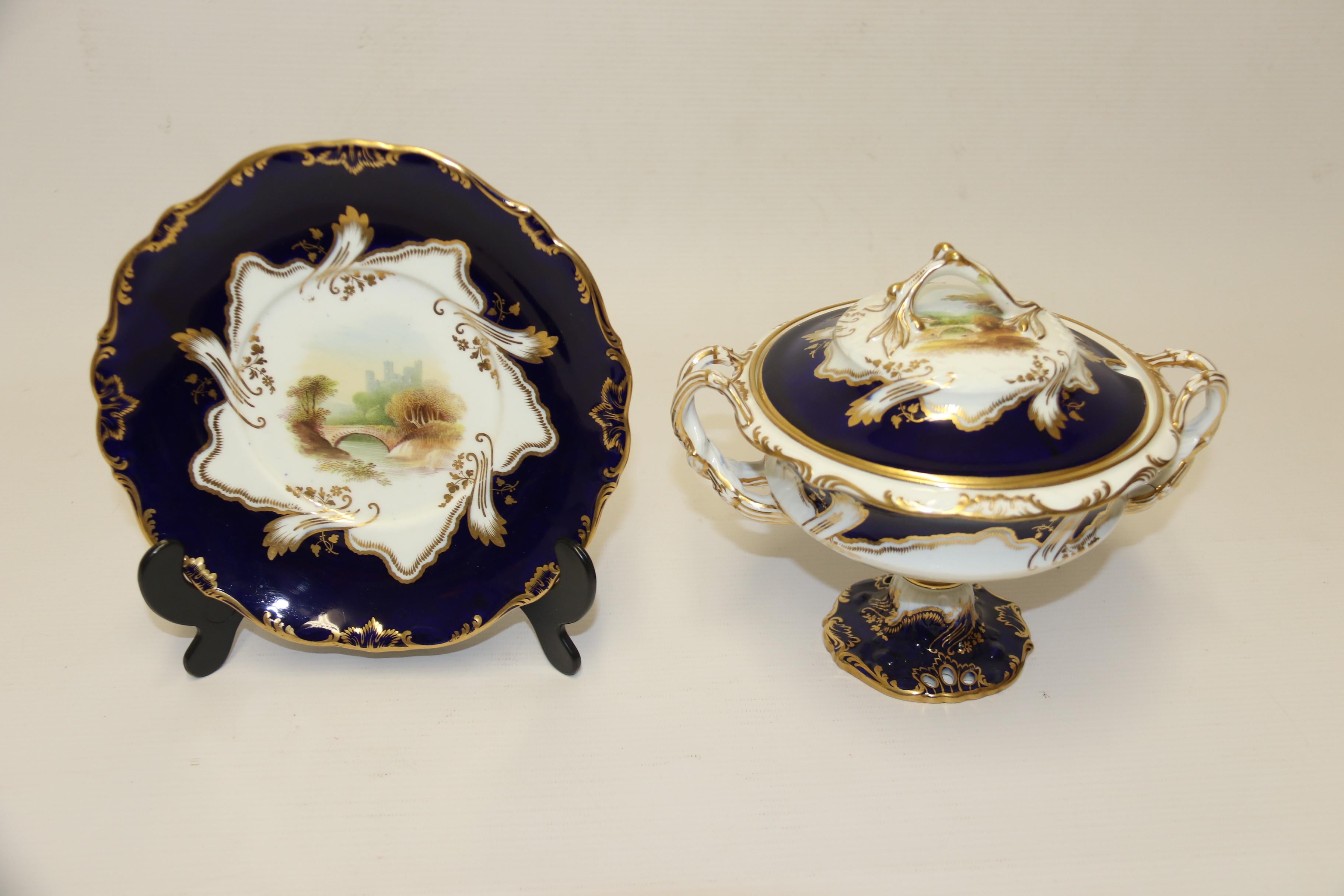 Victorian 19th century Minton dessert cream tureen with stand, hand painted, English 1840 For Sale