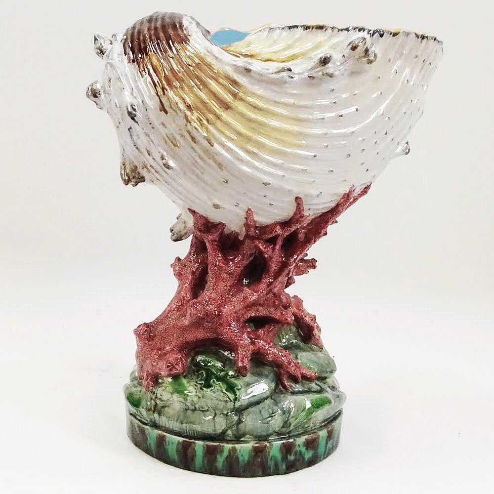 Molded 19th Century Minton Majolica Nautilus Shell Coral Jardiniere For Sale