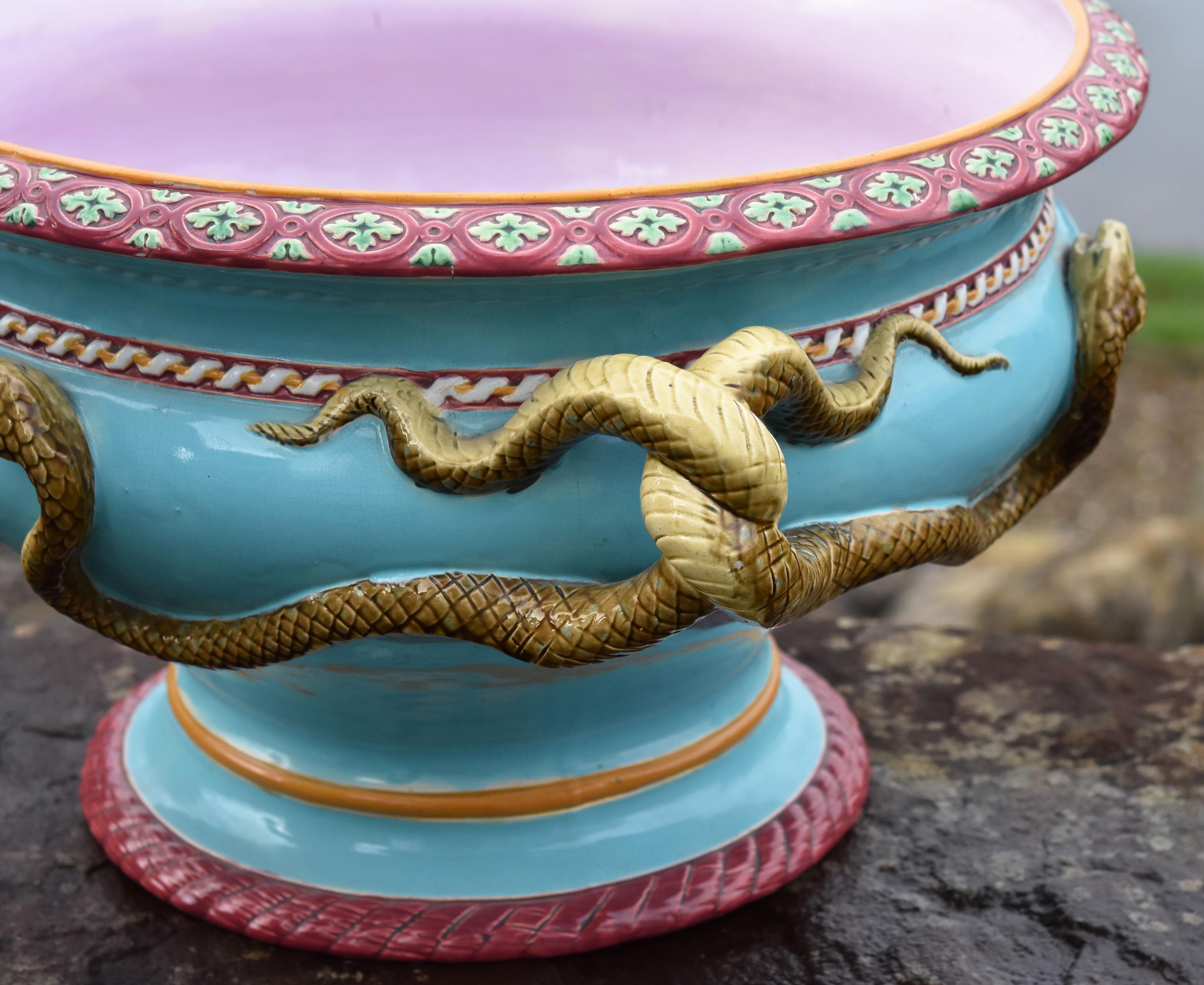 English 19th Century Minton Majolica Neoclassical Turquoise Blue Jardinière Snakes